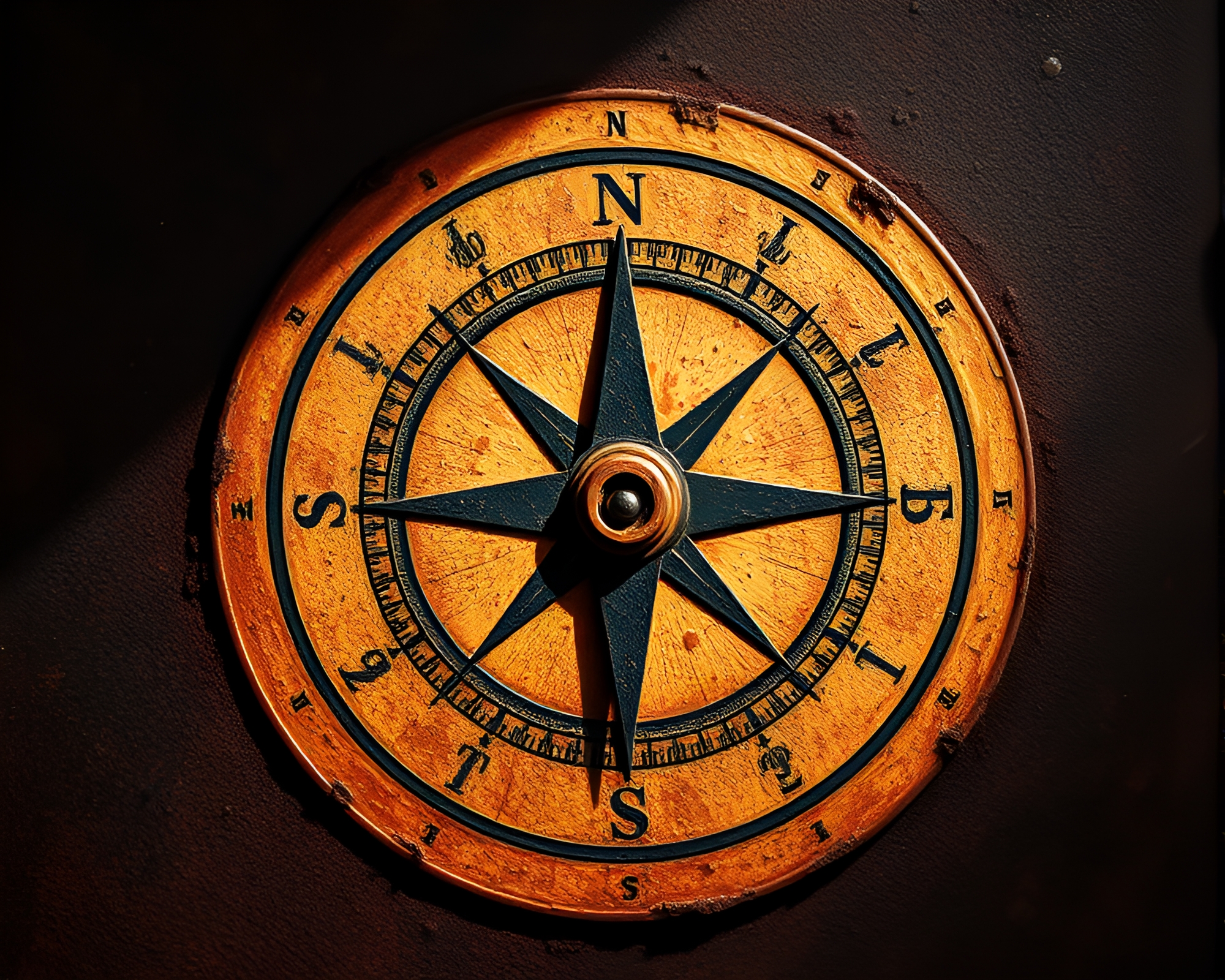 Enigmatic Eclipse Shadow over Antique Compass on Rust Textured Surface – free AI stock image