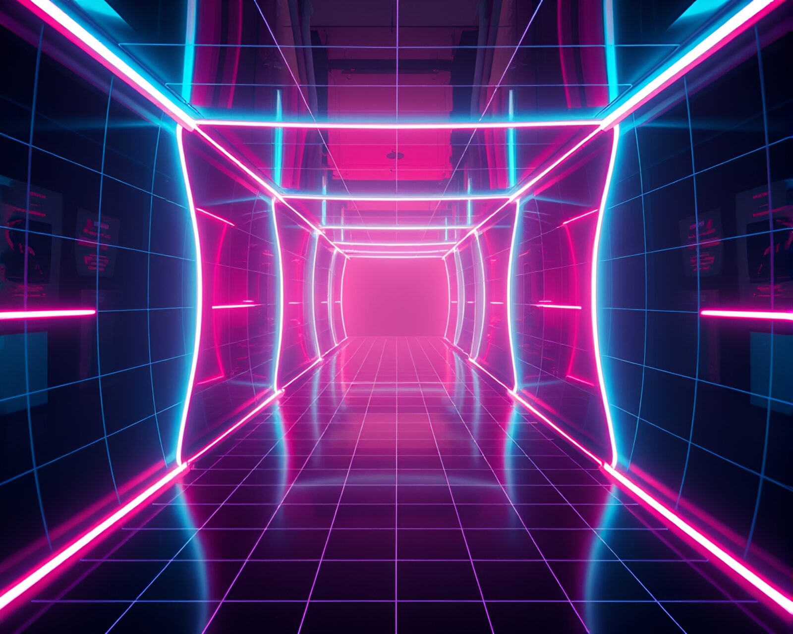 Futuristic grid overlay tunnel with neon lights and shadows