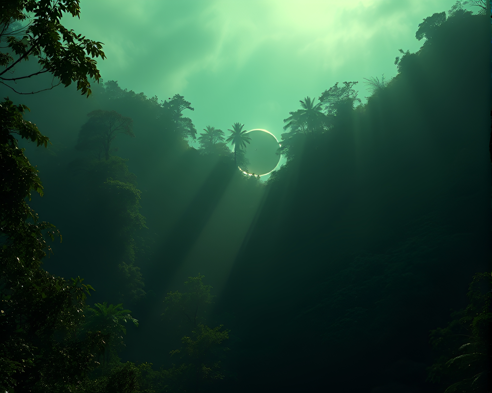 Tilted Solar Eclipse in Enchanted Rainforest – free AI stock image