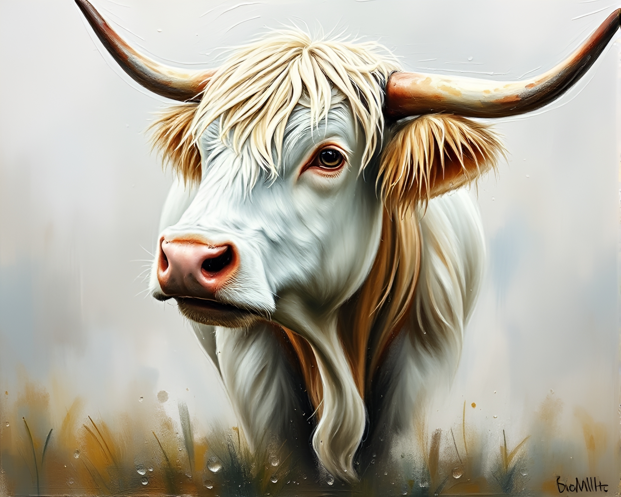 Majestic Highland Cow in Palette Knife Water Droplets Painting – free AI stock image