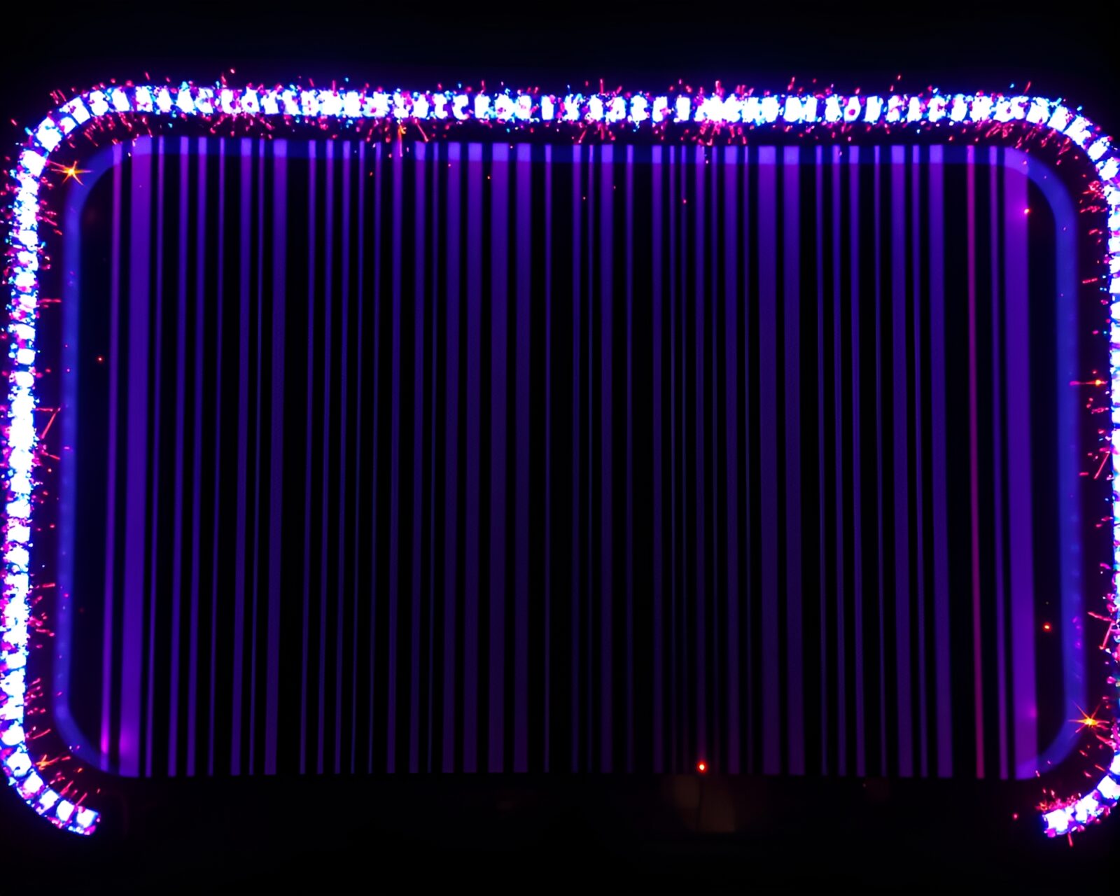 Vibrant neon sign with barcode stripes under shimmering LED lights