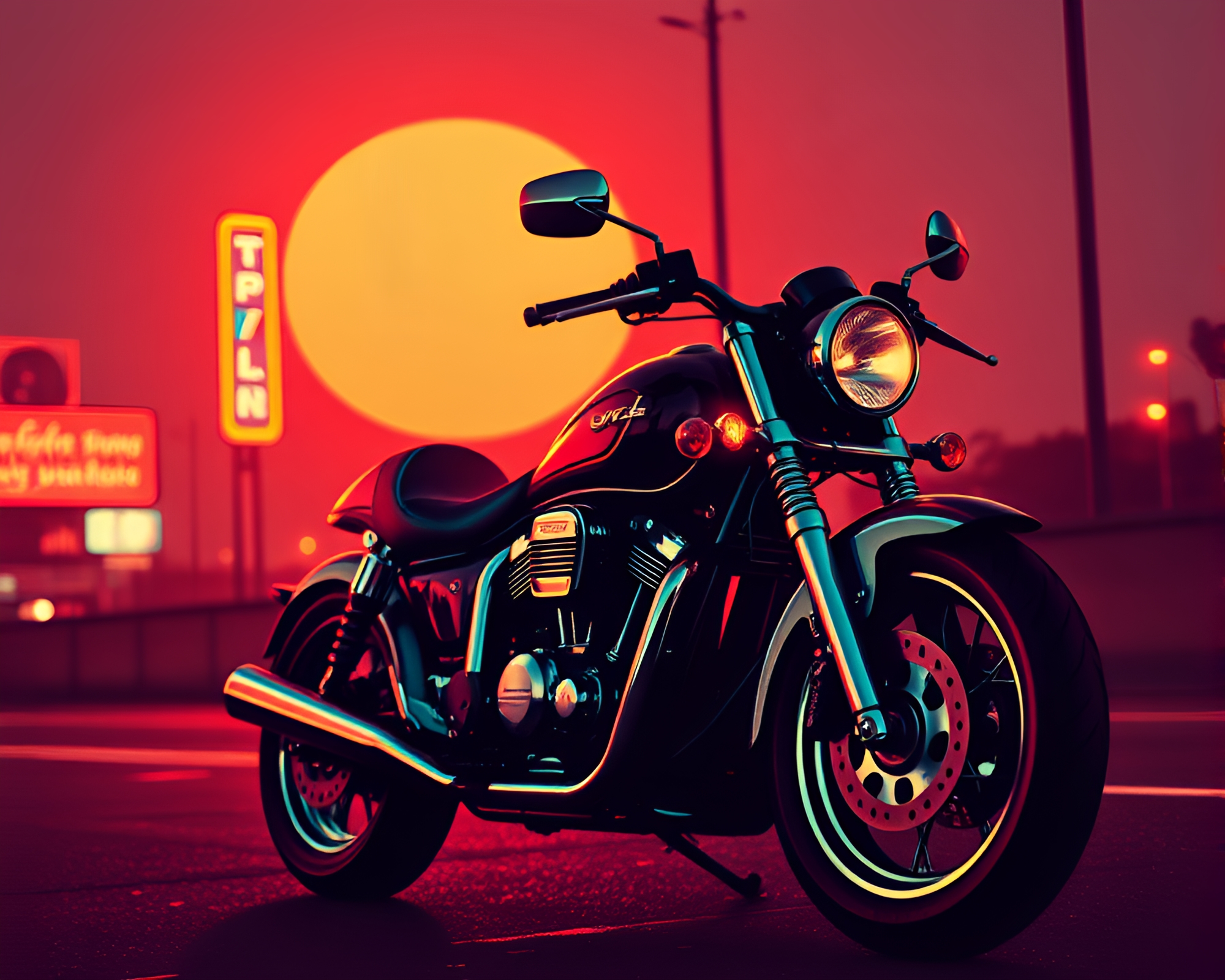 Neon Motorcycle Ride Through Synthwave Cityscape – free AI stock image