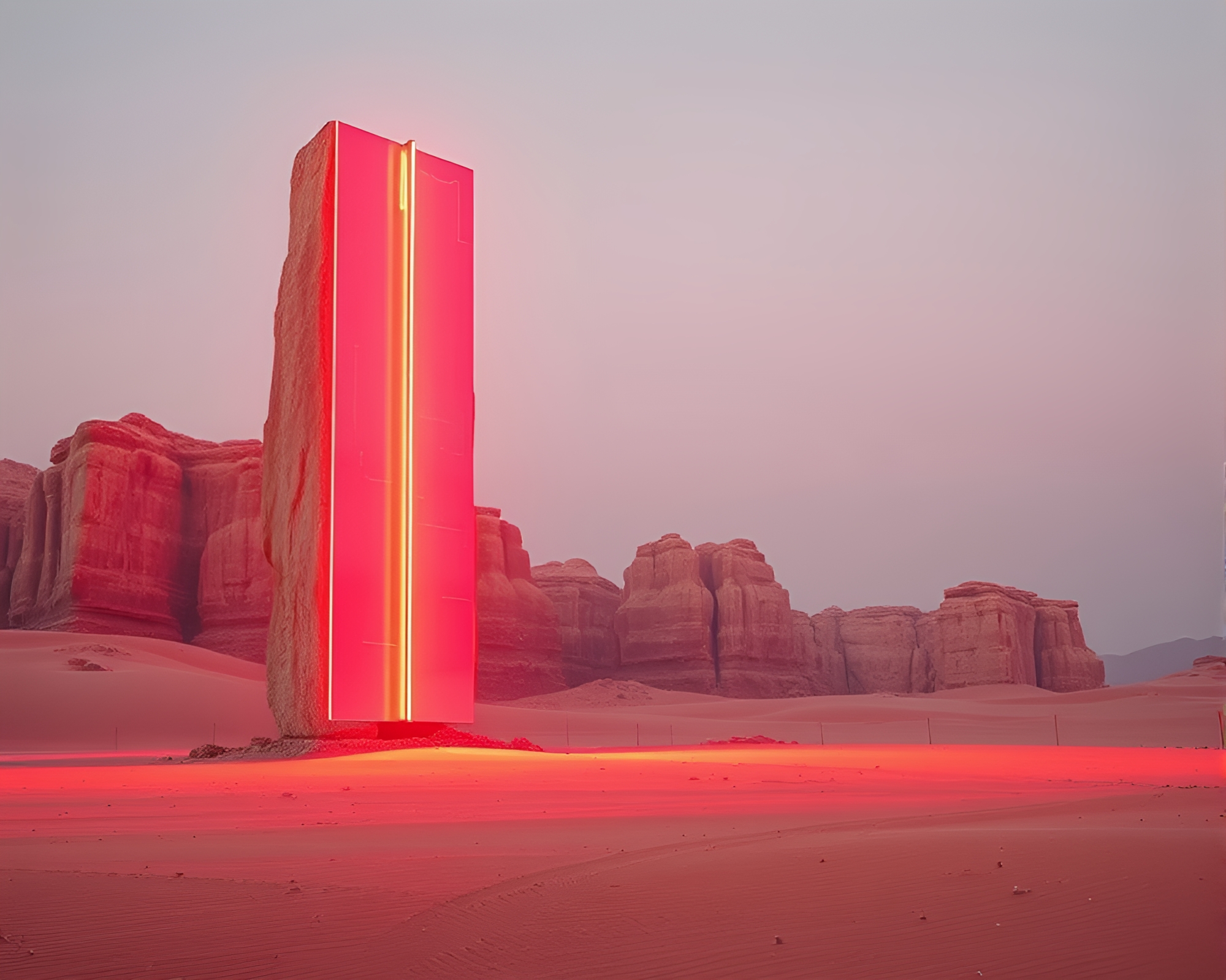 Neon Monolith Mirage in Cubist Sands – free AI stock image