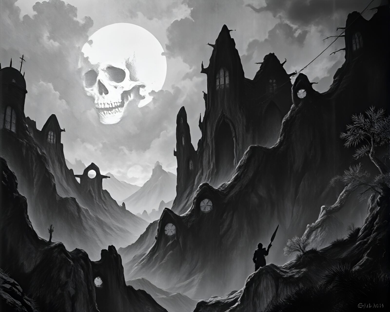 Mystical landscape etching depicting a necromantic dimensional rift