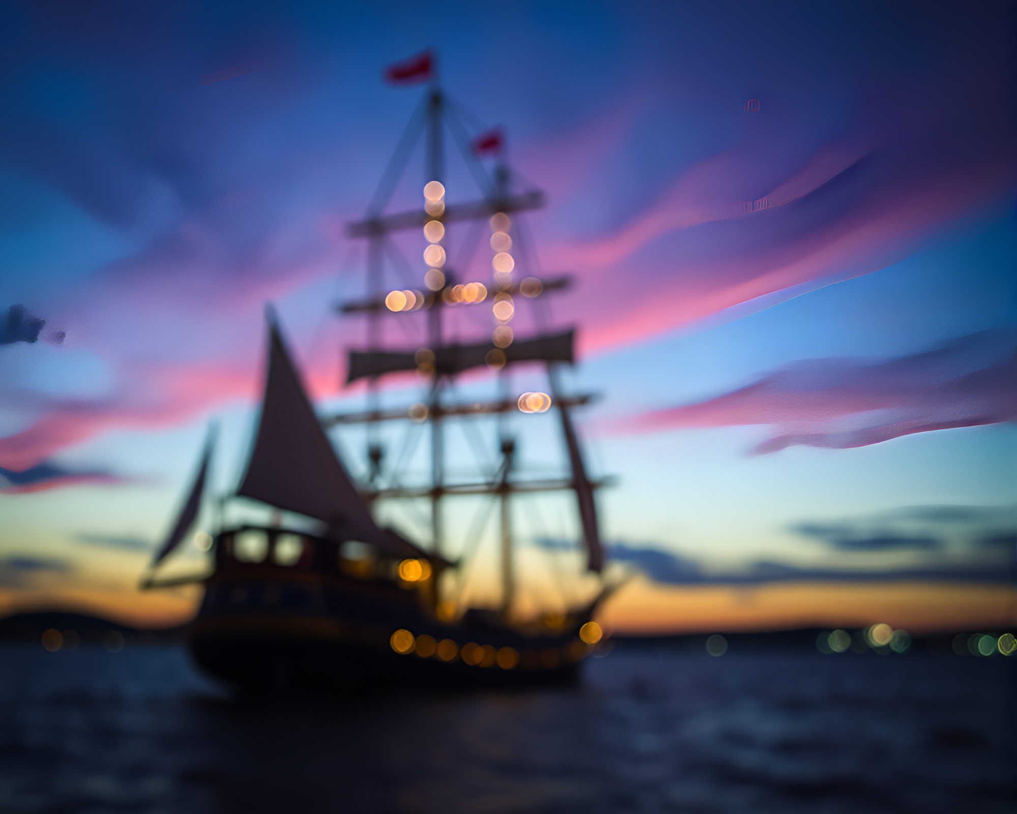Bokeh-filled classic sailing ship at dusk – free AI stock image