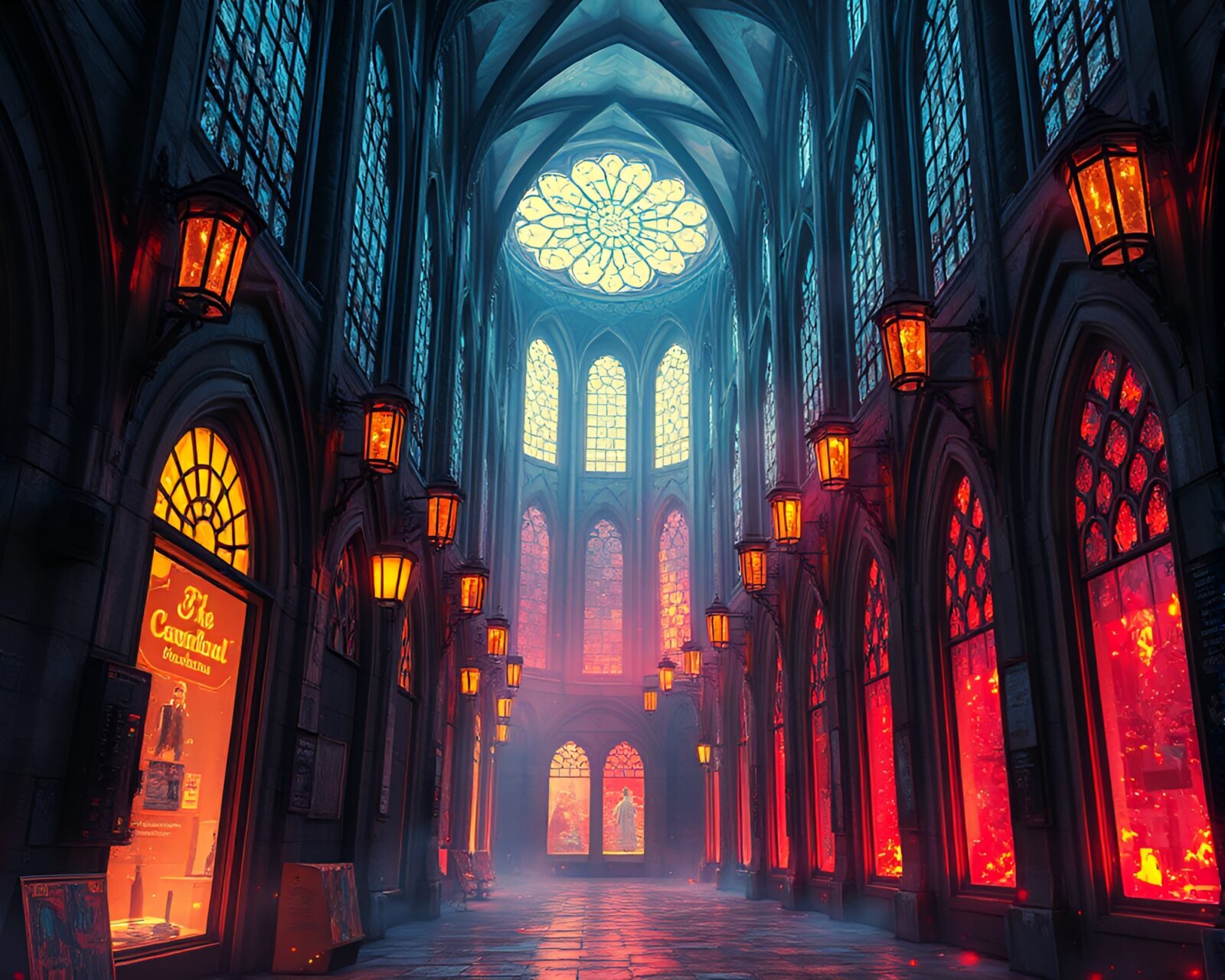 Fashion illustration of cyberpunk alley with floating embers