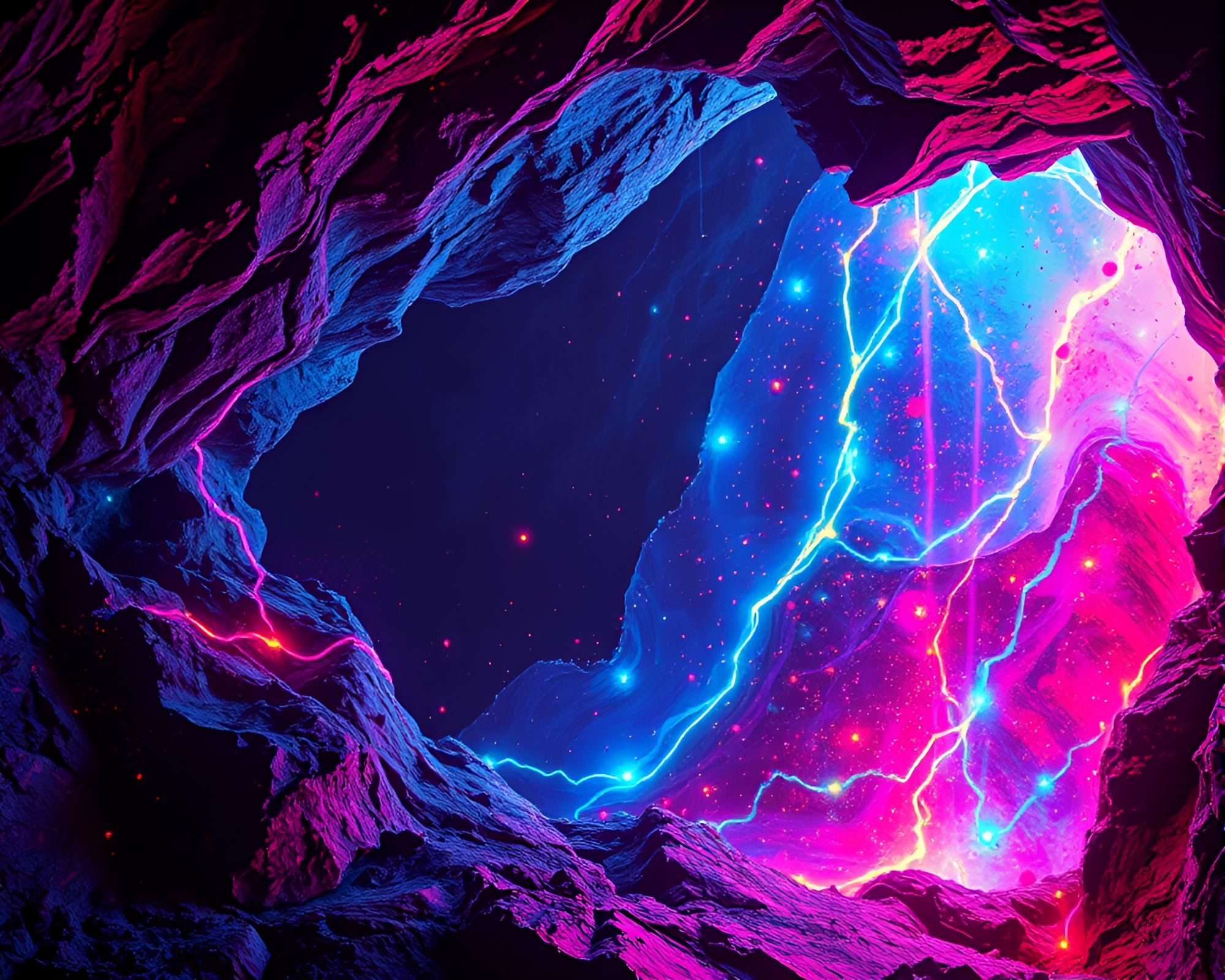 Neon Cave Painting with Acrylic Splatters in Real-Time – free AI stock image
