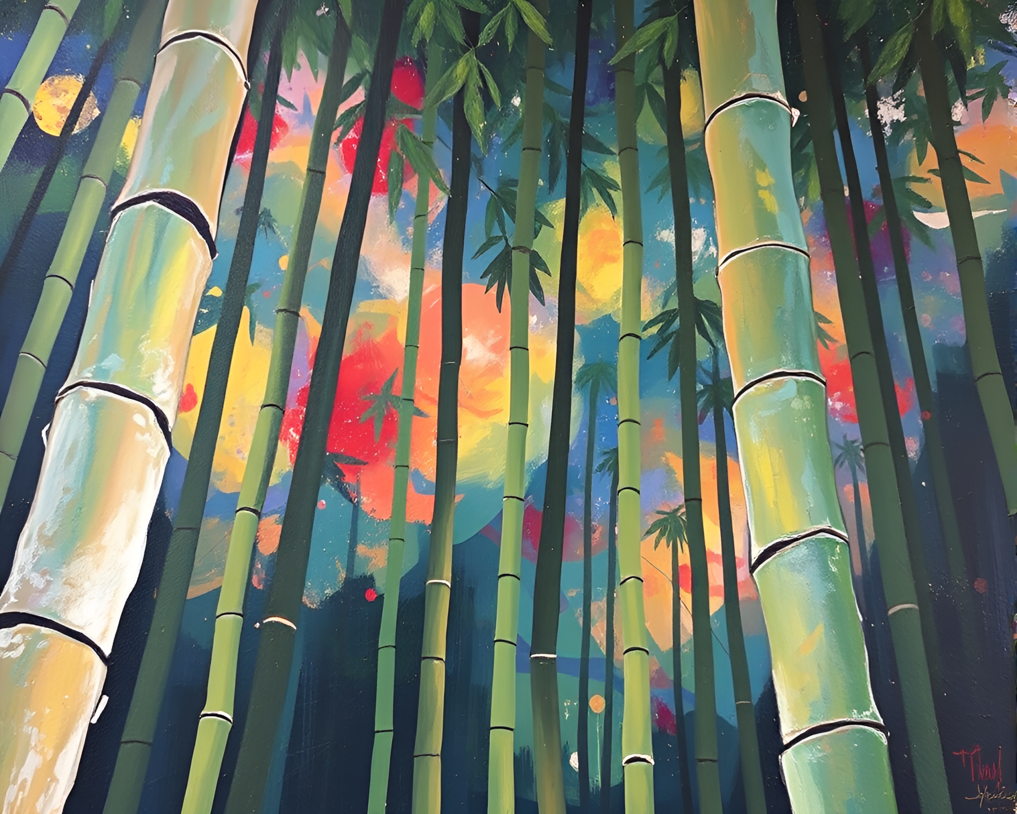 Candid Moment in Bamboo Grove with Cosmic Nebula Hues – free AI stock image