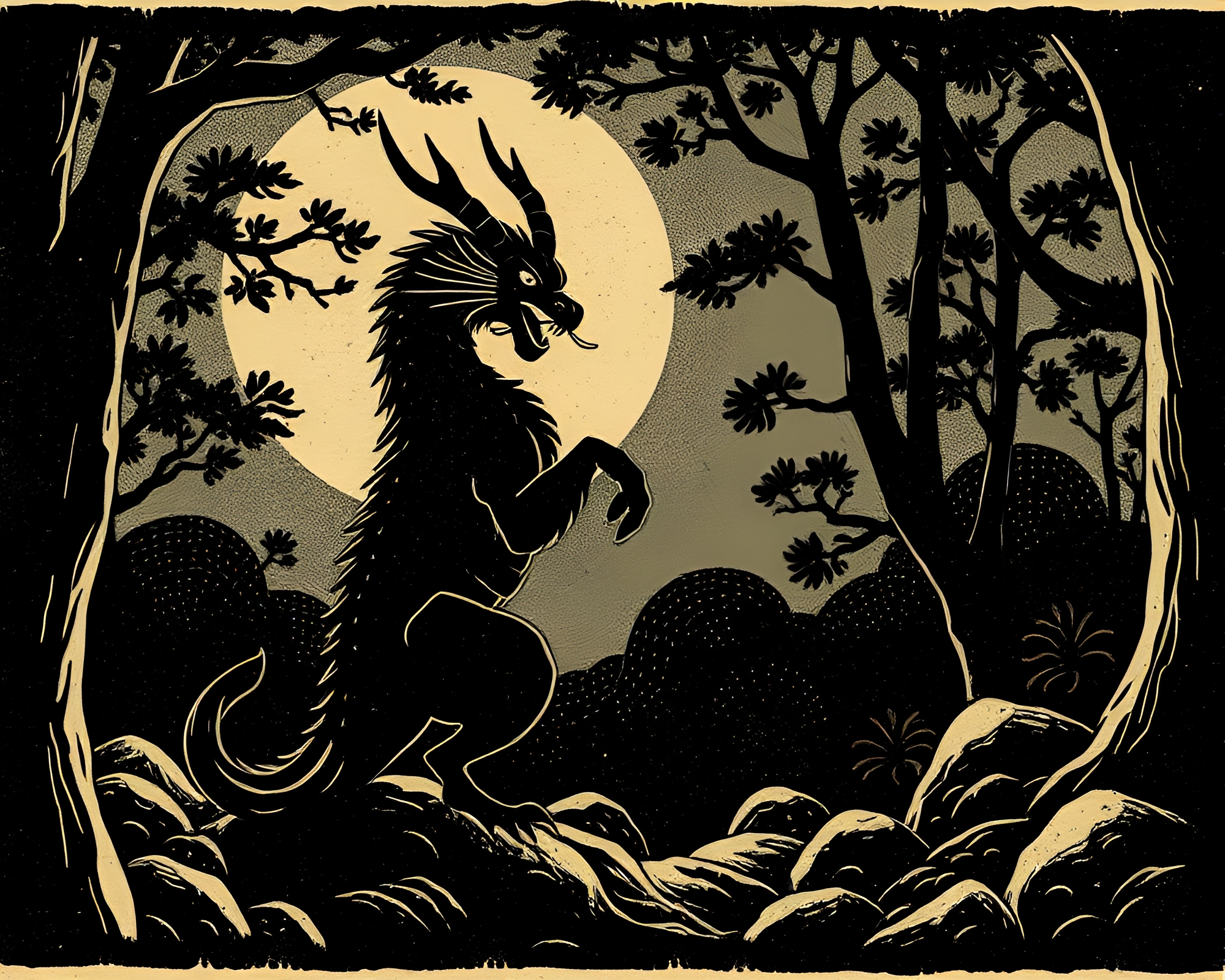 Ethereal Chimera Woodblock Print with Toon Shading – free AI stock image