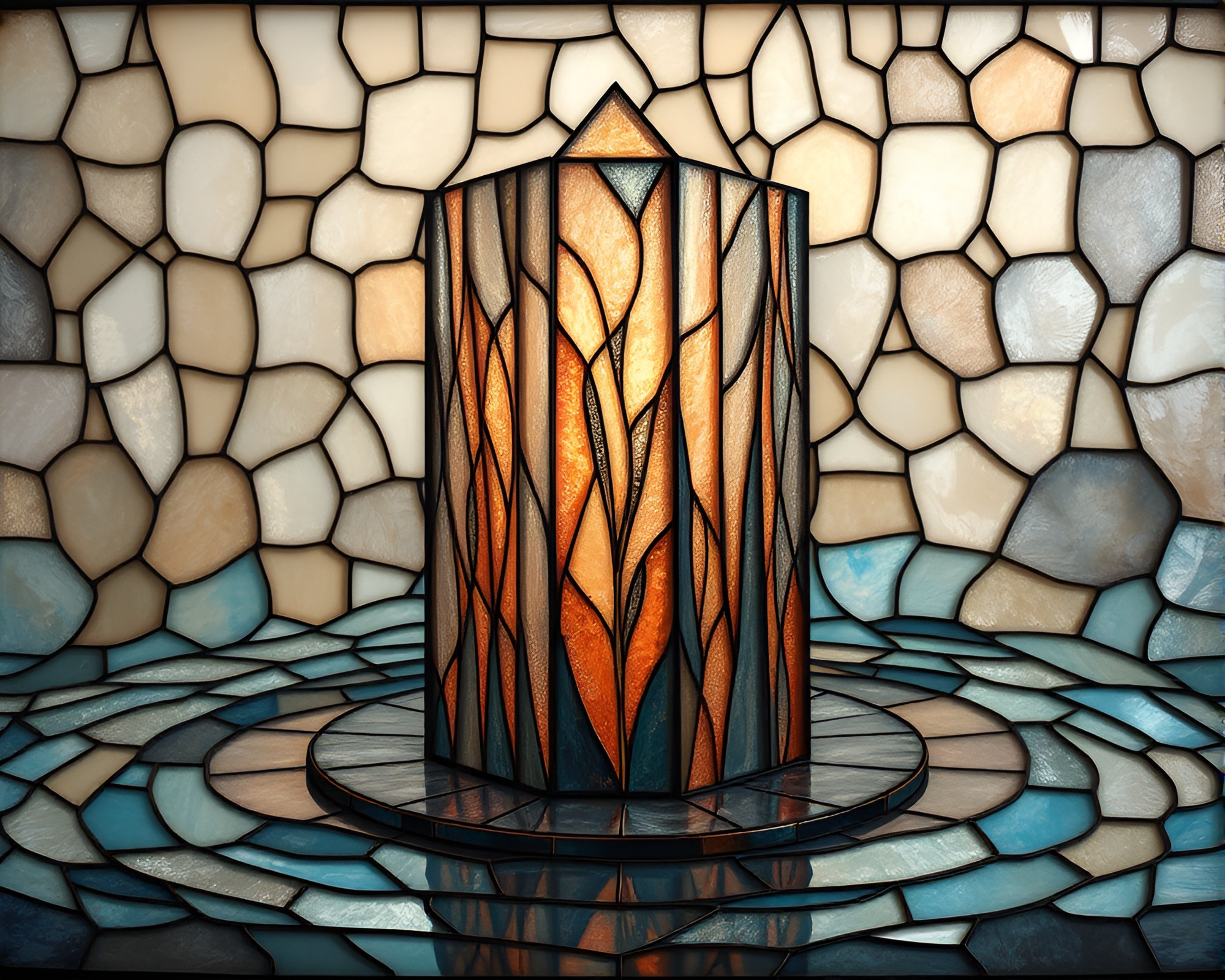Majestic Water Whirlpool Monolith in Rose Gold Stained Glass – free AI stock image