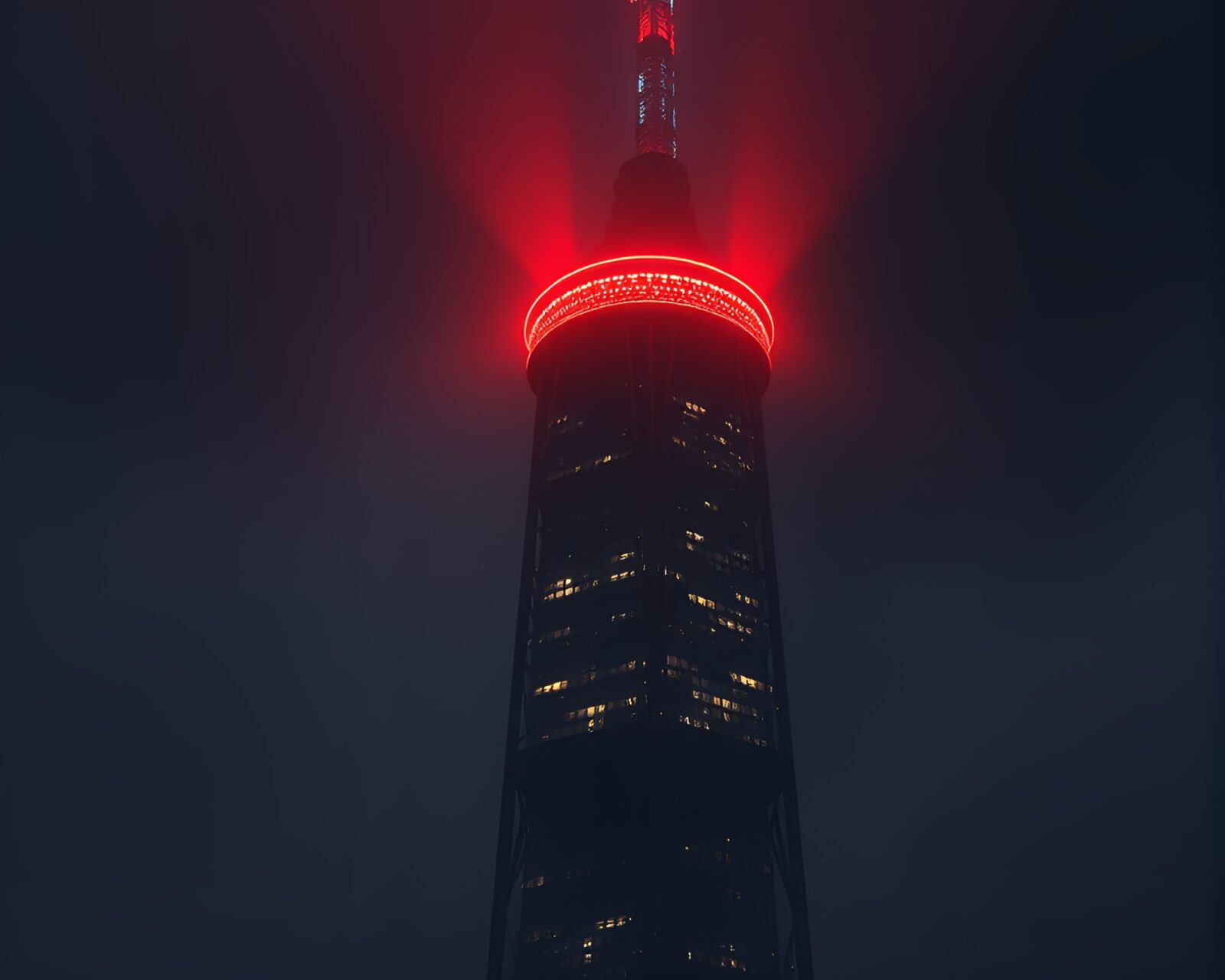 Abstract tower enveloped in digital noise and dramatic lighting