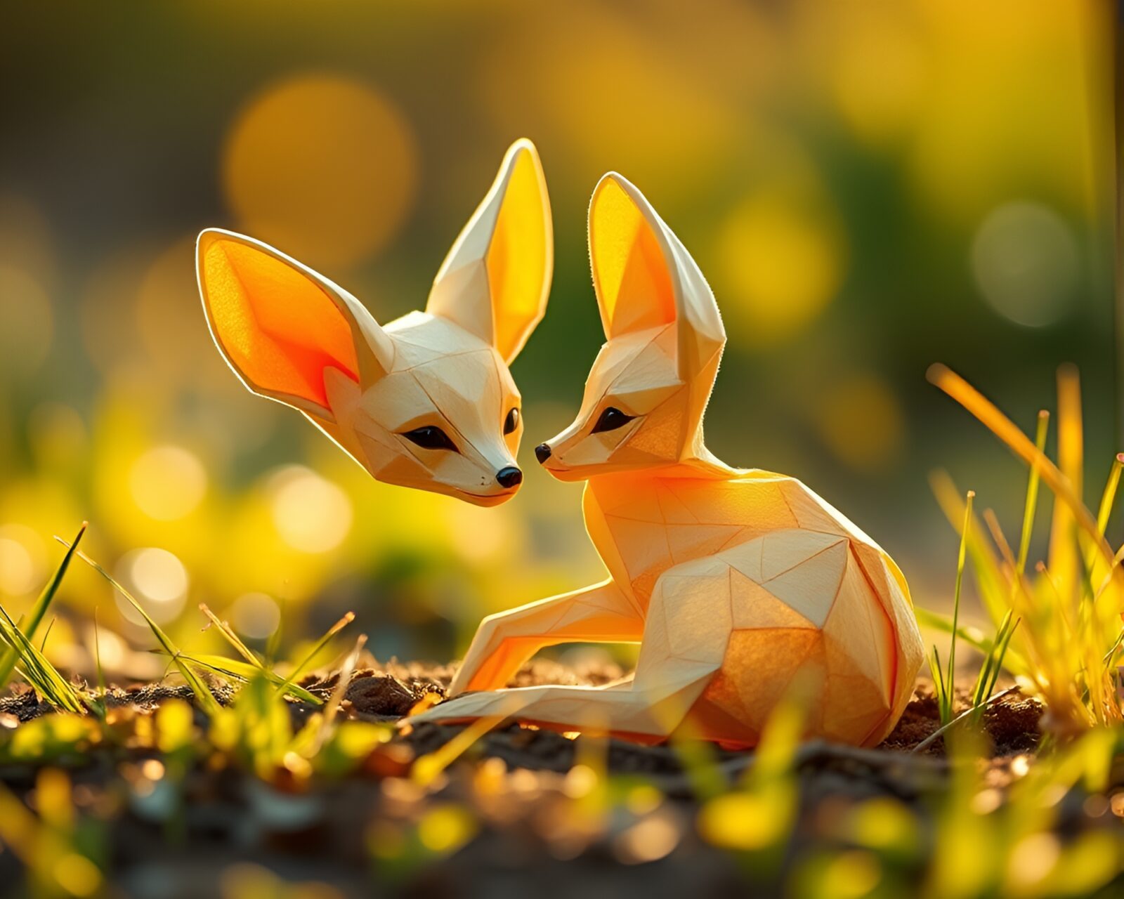Fennec fox surrounded by golden origami folds at dawn