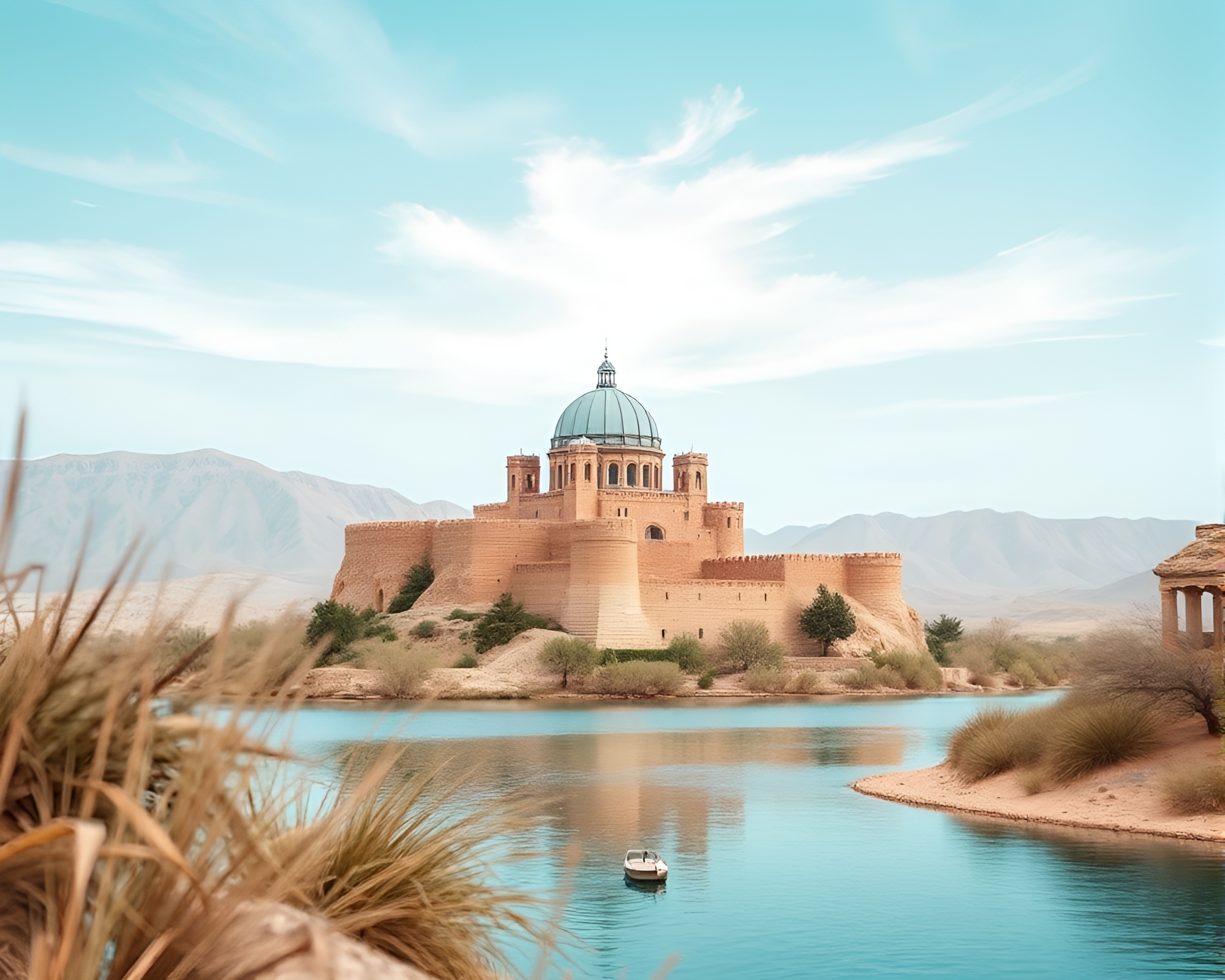 Deserted Castle: Teal Serenity Photocollage – free AI stock image