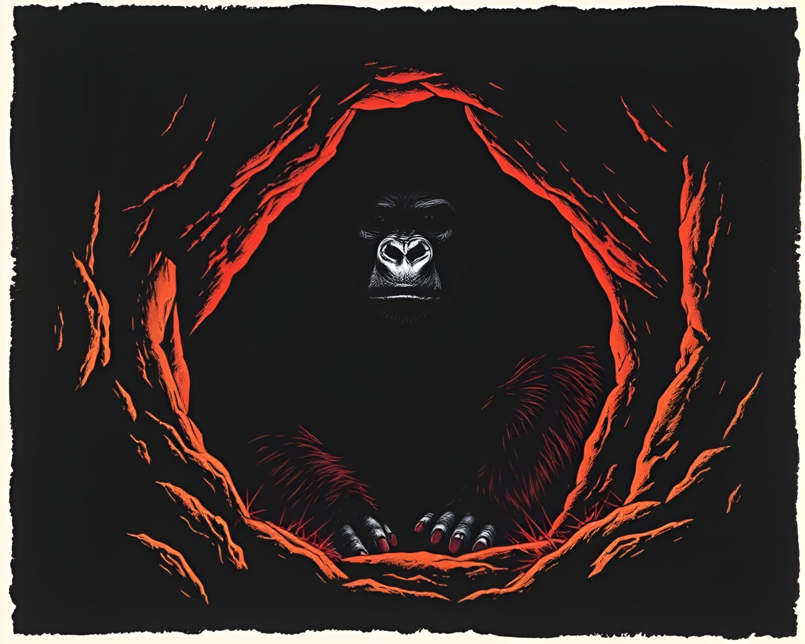 Majestic gorilla standing at cave entrance in shadowy light