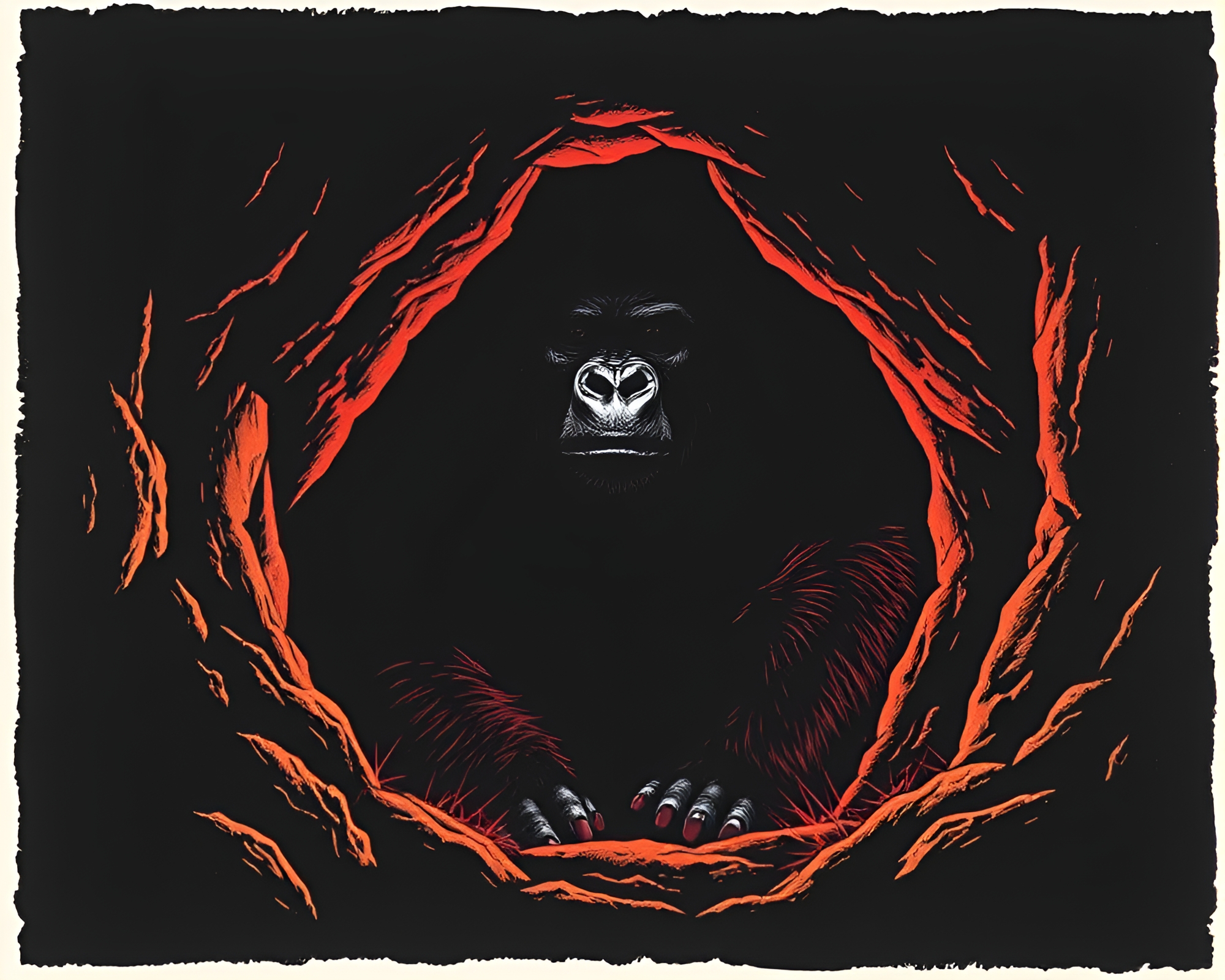 Gorilla Emerging from Dark Cave with Screen Printed Shading – free AI stock image