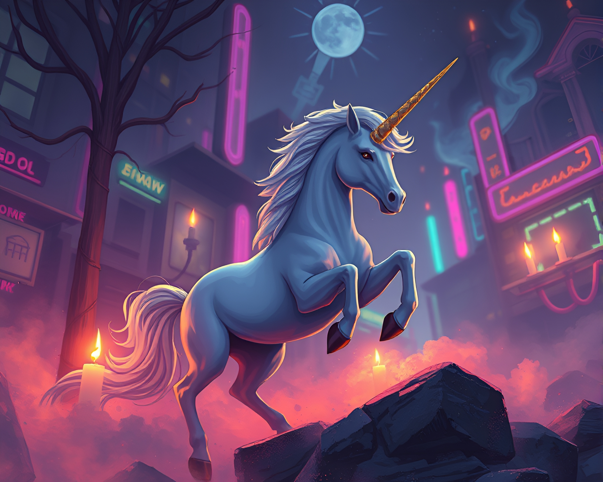 Ethereal Cyberpunk Unicorn in Candlelit Ambiance – free AI stock image