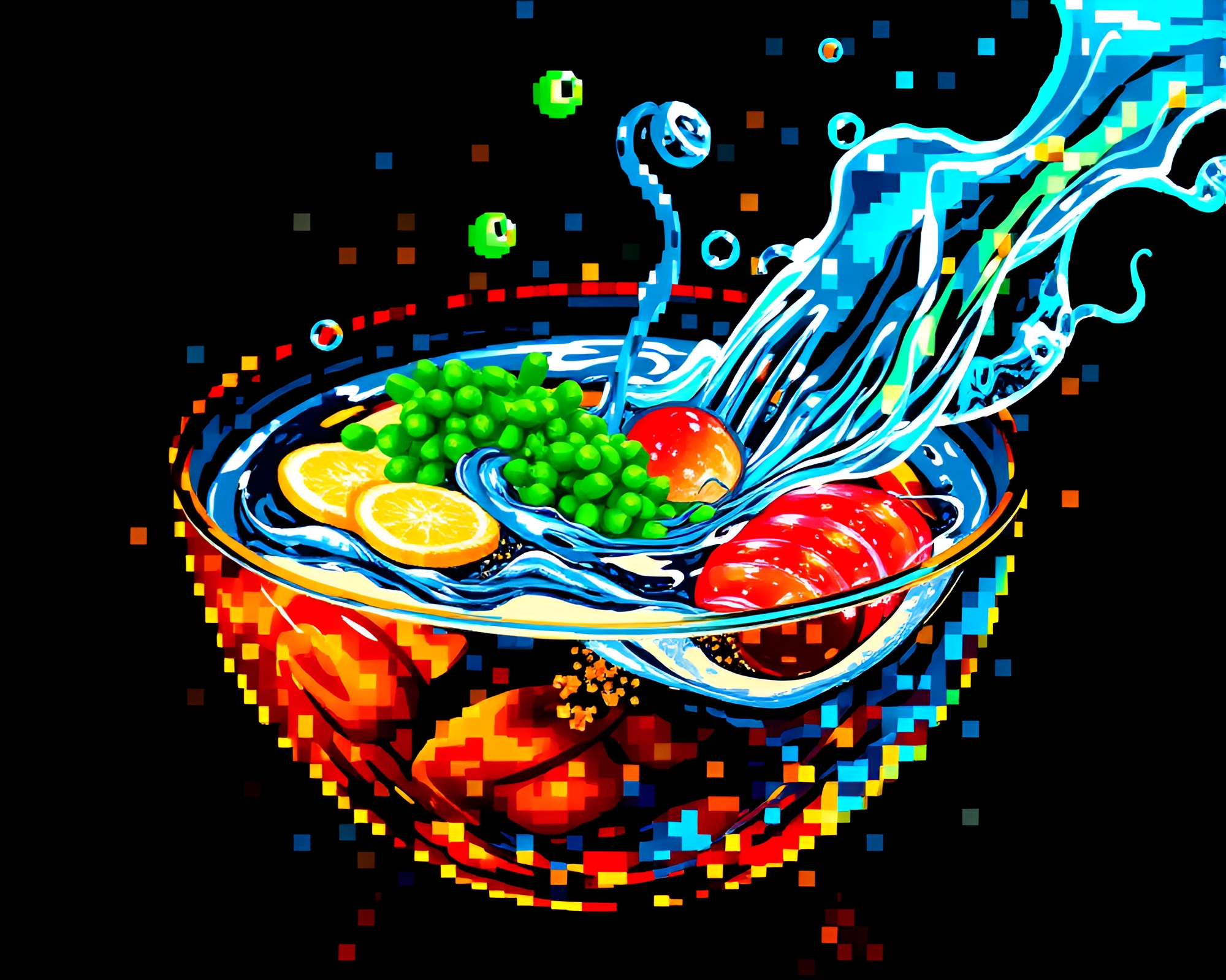 Ramen Bowl Underwater Distortion in 16-Bit Mosaic Light – free AI stock image
