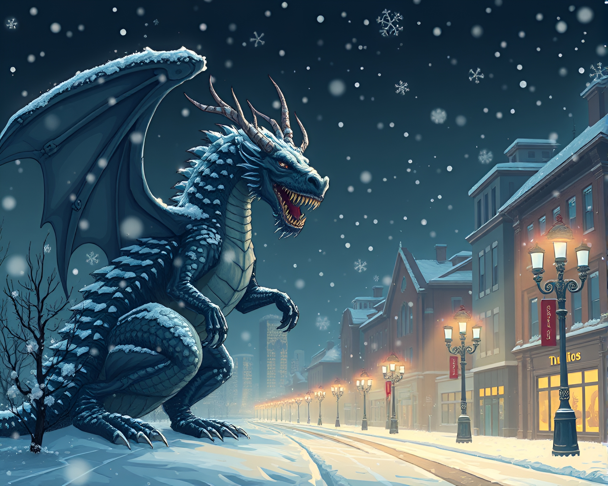 Cerberus in Snowy Cityscape with Toon Shading – free AI stock image