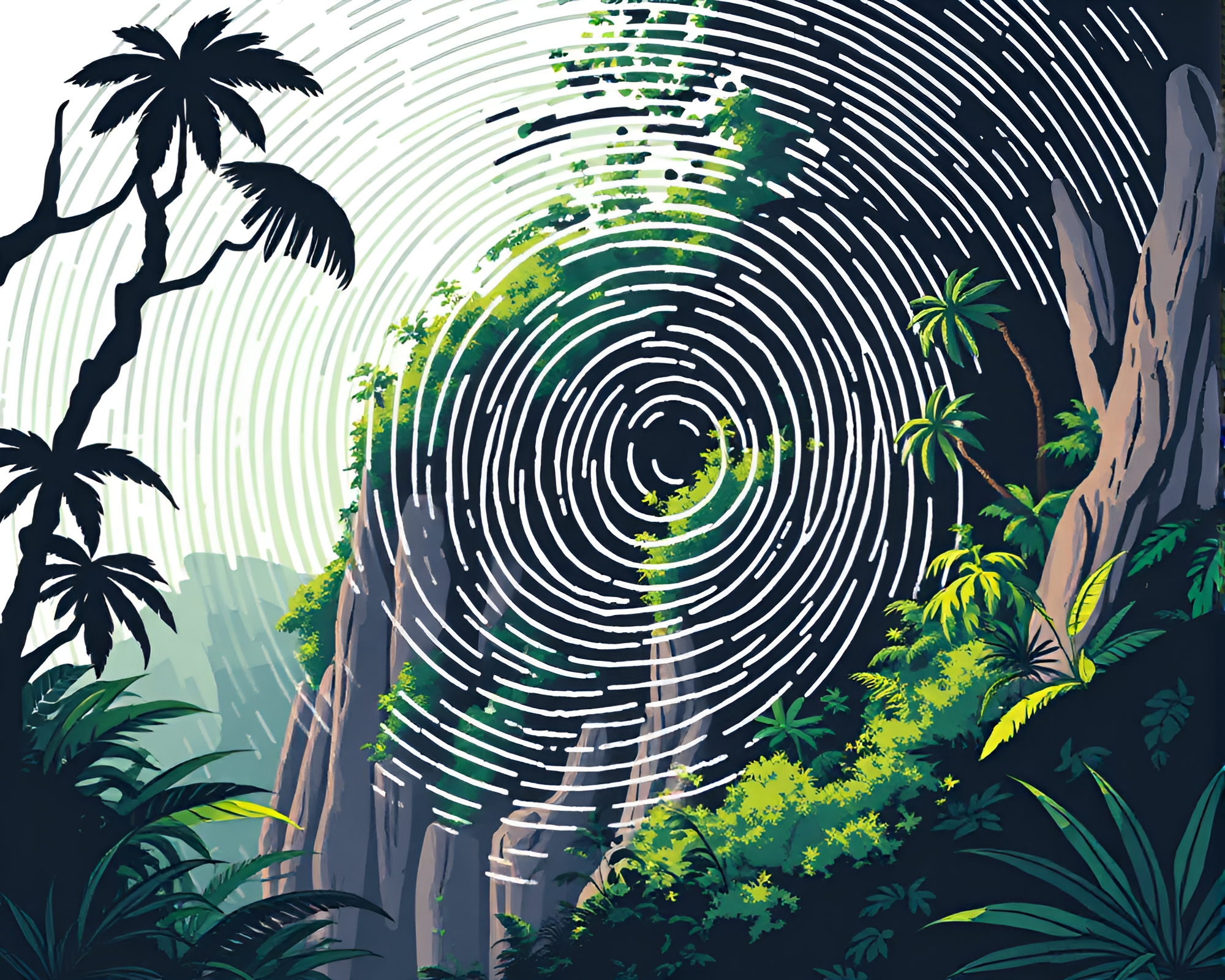 Jungle Fingerprint Swirl Cliffside Shadow 16-bit Art – free AI stock image