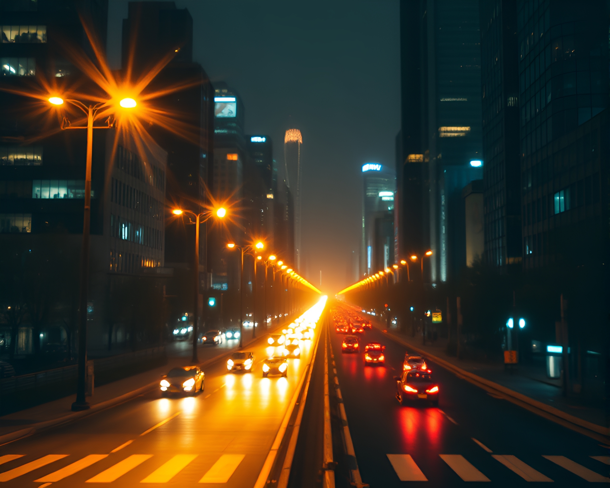 Futuristic Cityscape with Gold Foil Streetlamp Glow – free AI stock image