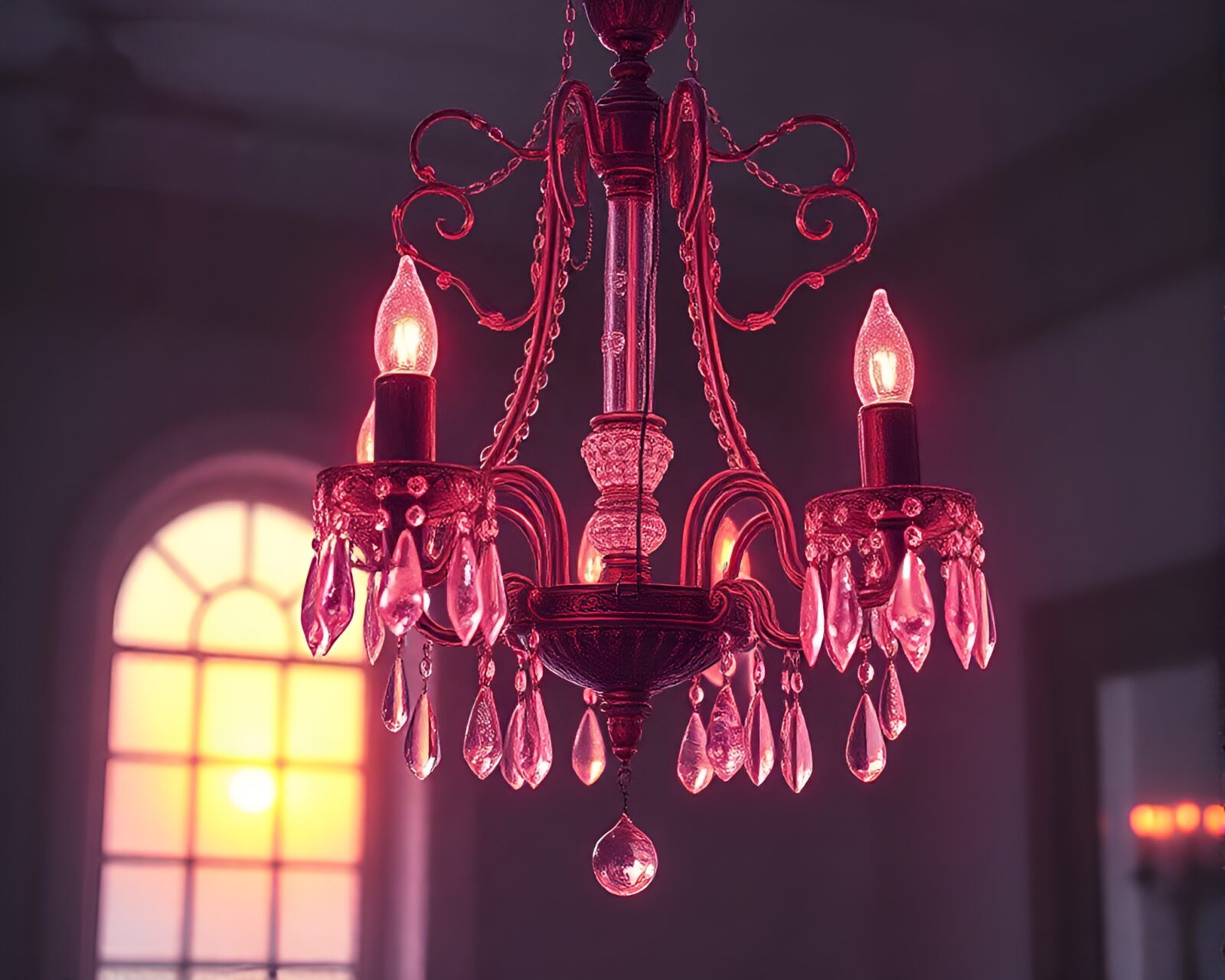 A chalk drawing of a Victorian chandelier with dew drops, bathed in a soft pink sunrise glow