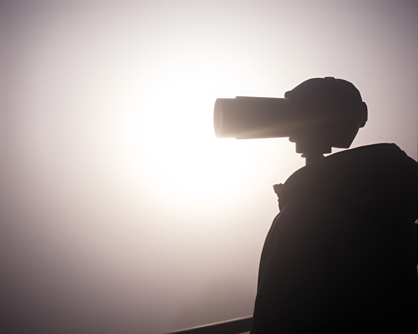 Midday retro-futuristic scene with binoculars surveying foggy landscape