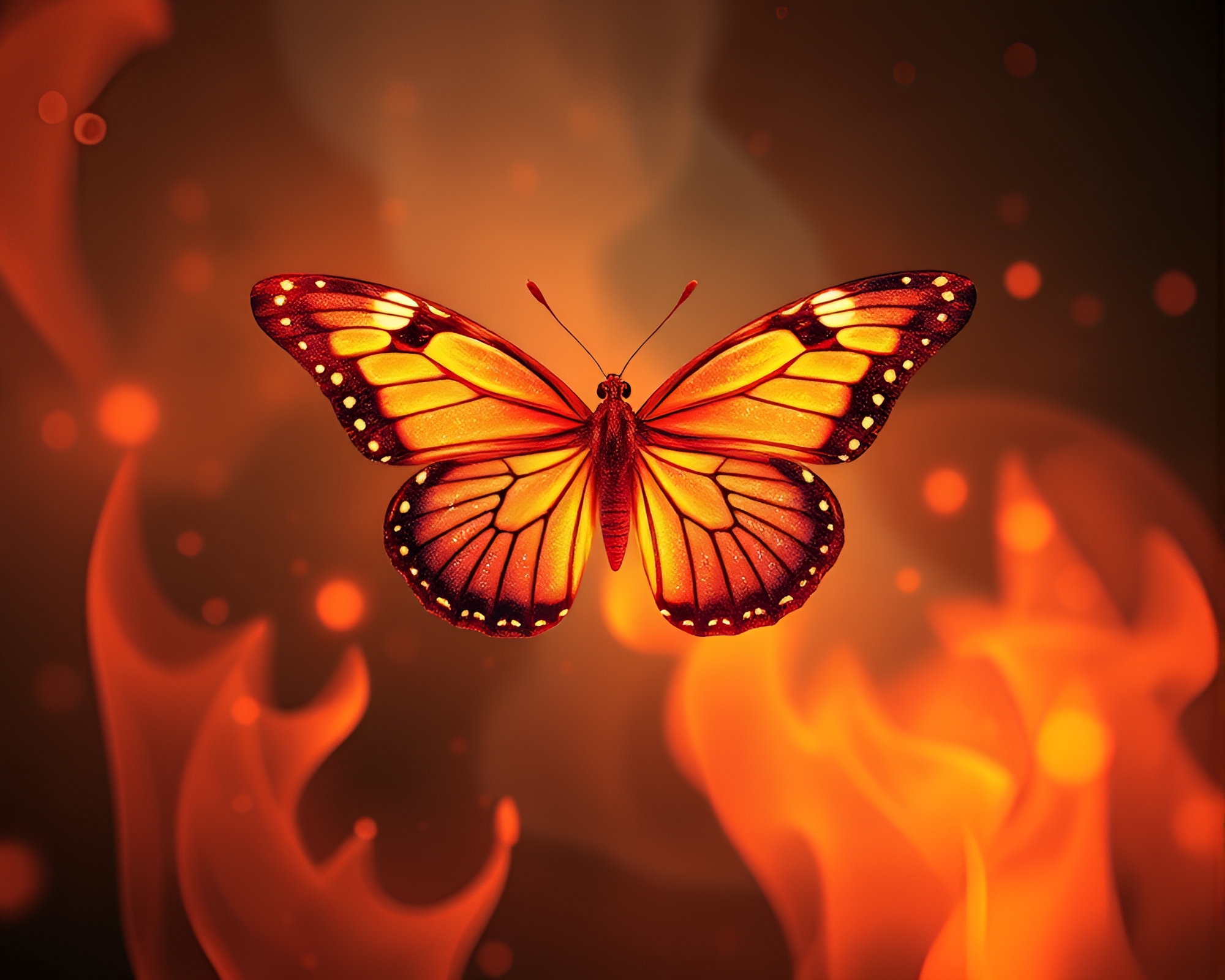 Silk Butterfly Amongst Halftone Flames: Elegant Duotone Composition – free AI stock image