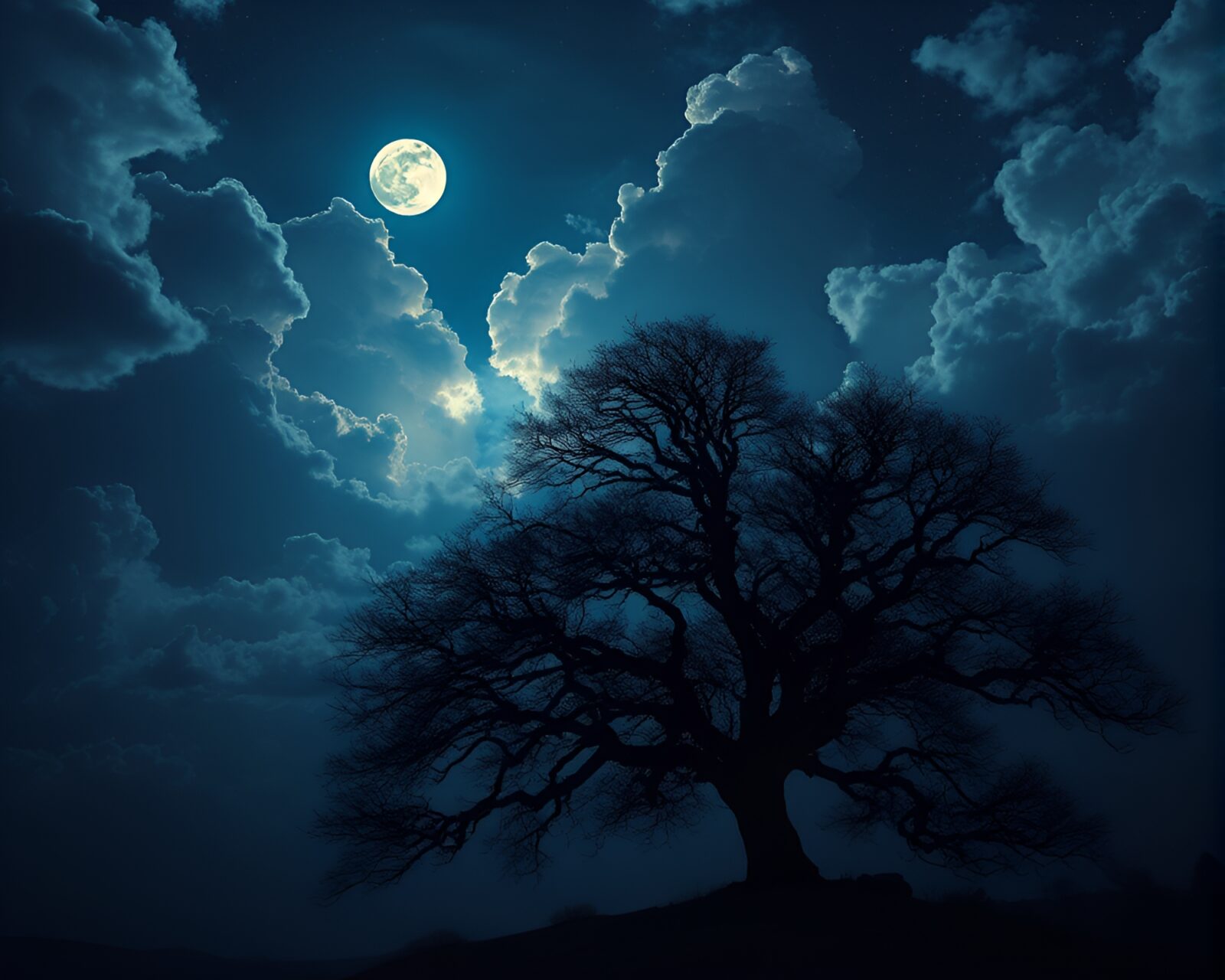 Glowing tree under moonlight surrounded by swirling clouds