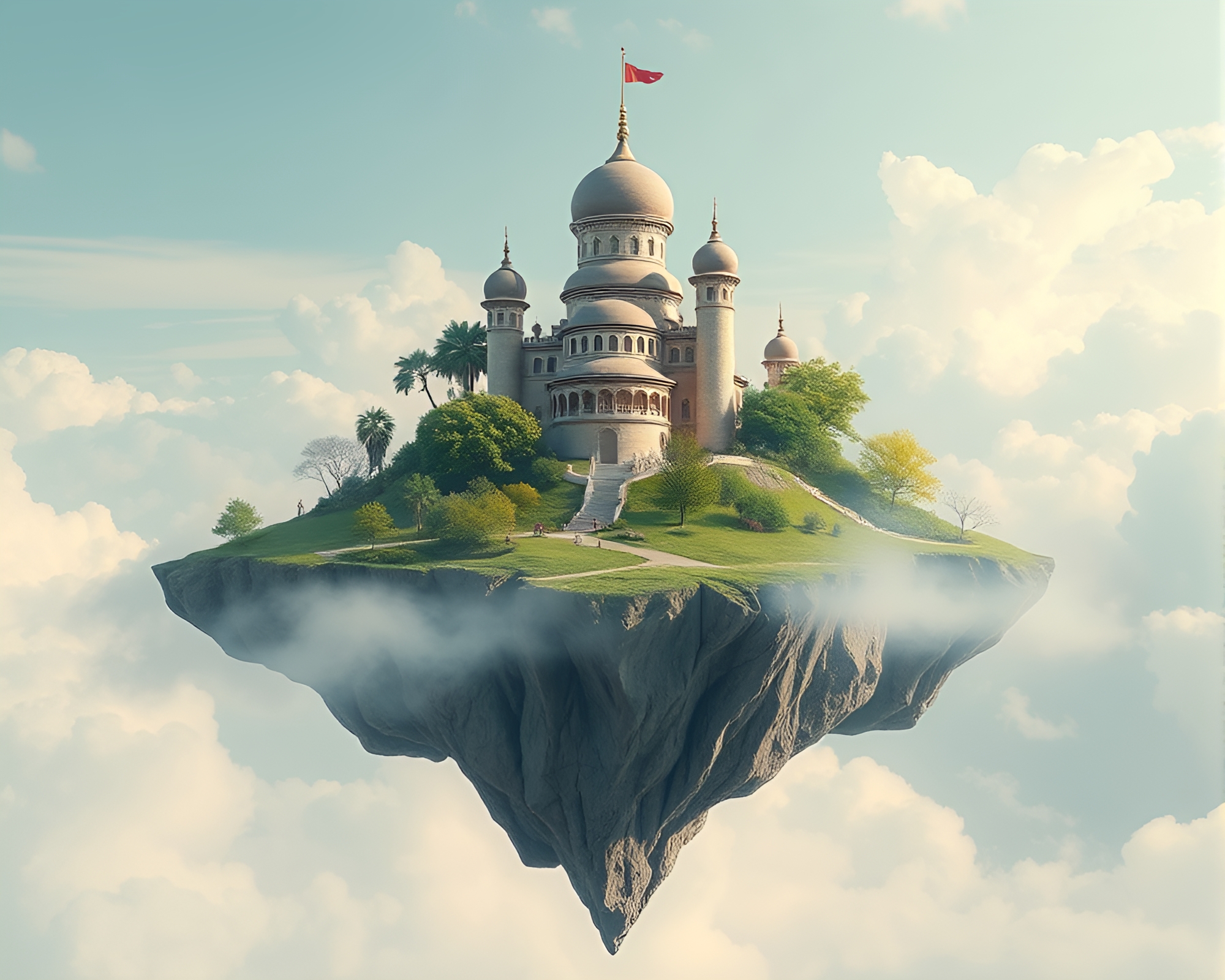 Floating Island Architecture with Fabric Folds – free AI stock image