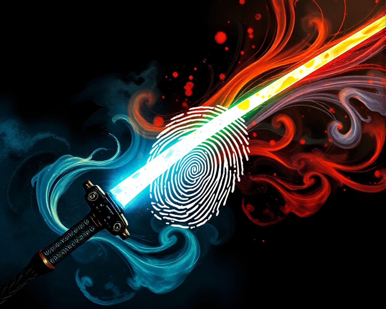 Sumi-e style artwork of two figures dueling with laser swords in a fingerprint-patterned universe