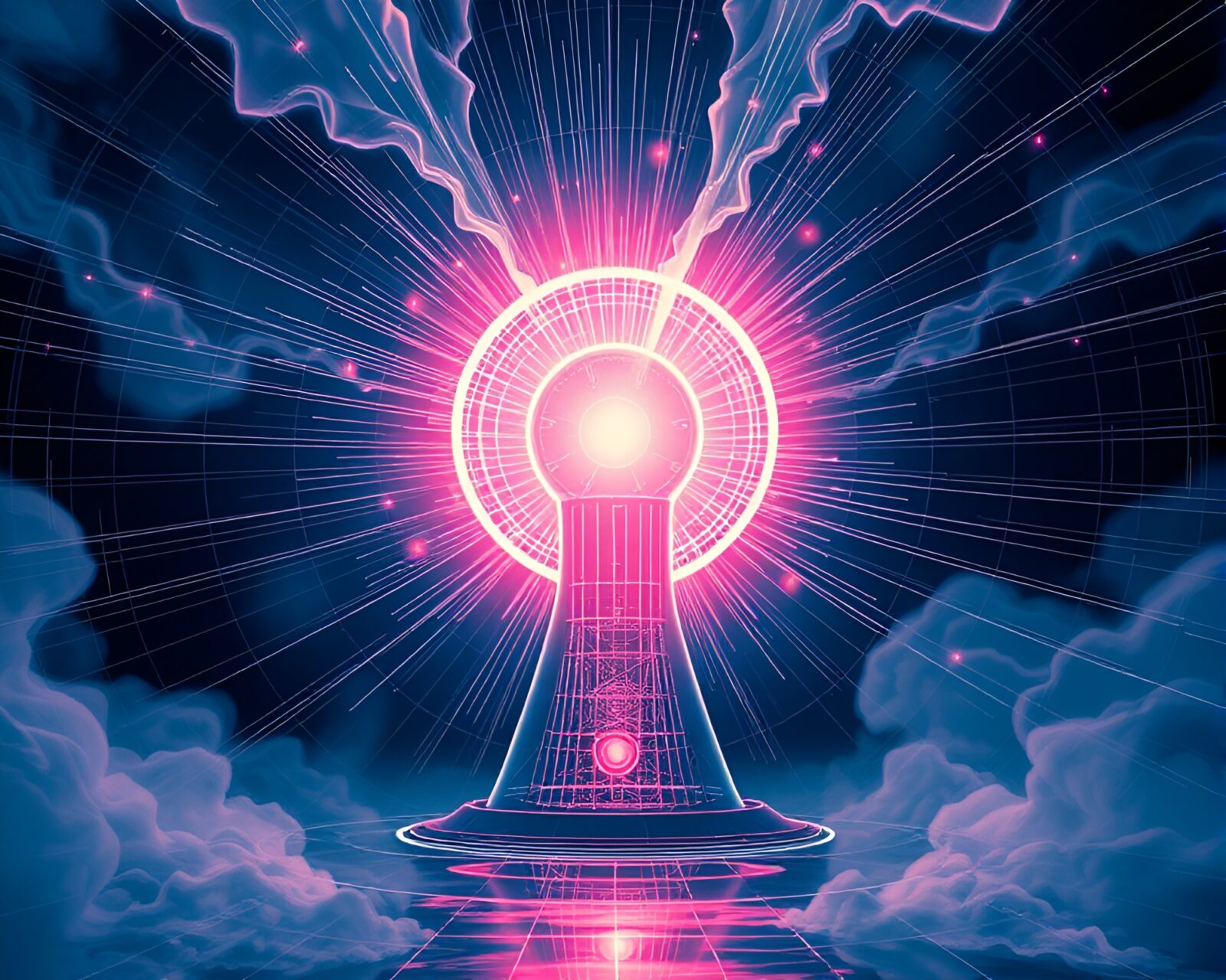 Sci-fi line art of glowing reactor in lens distortion