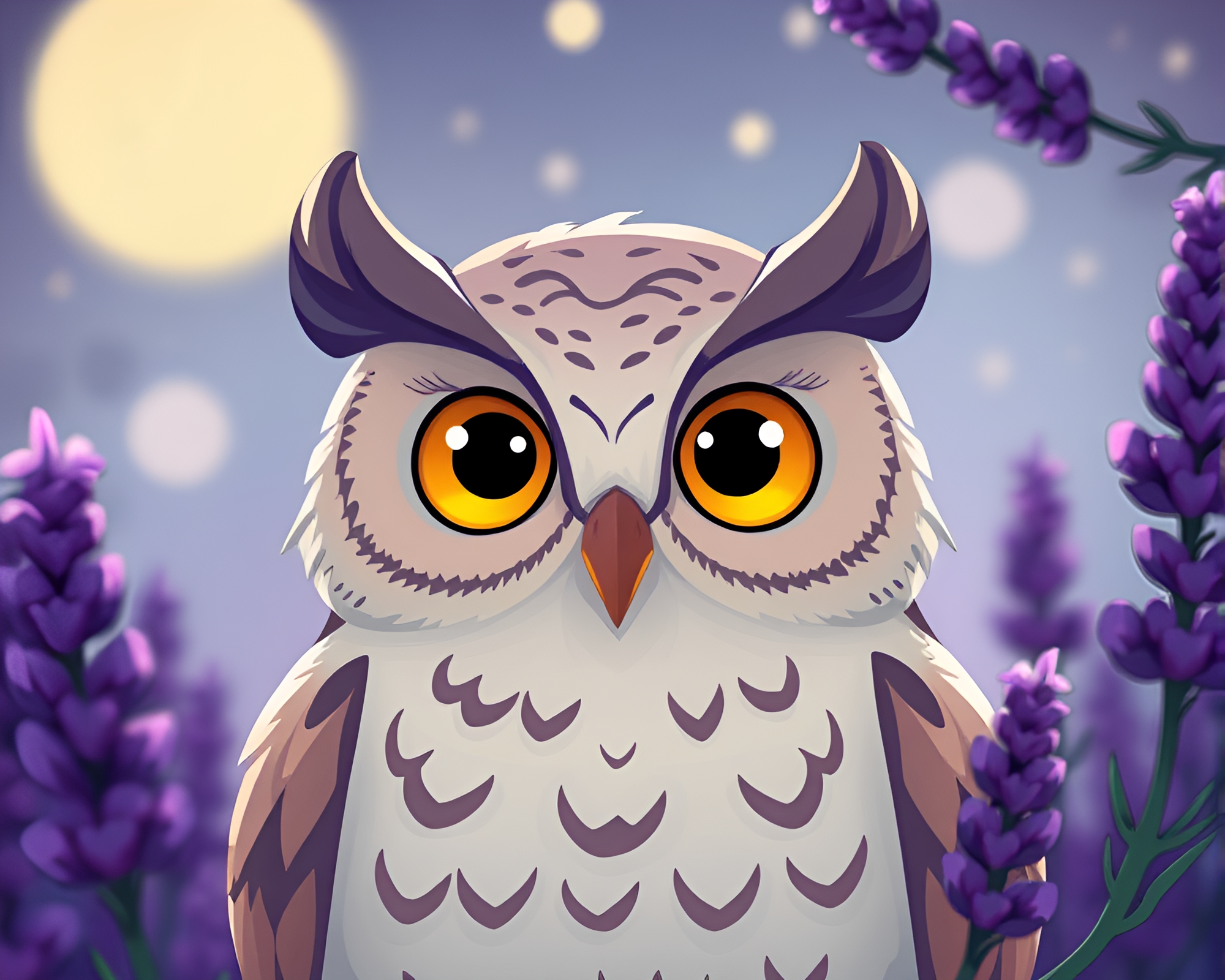 Twilight Owl Cartoon in Lavender Macro Detail – free AI stock image