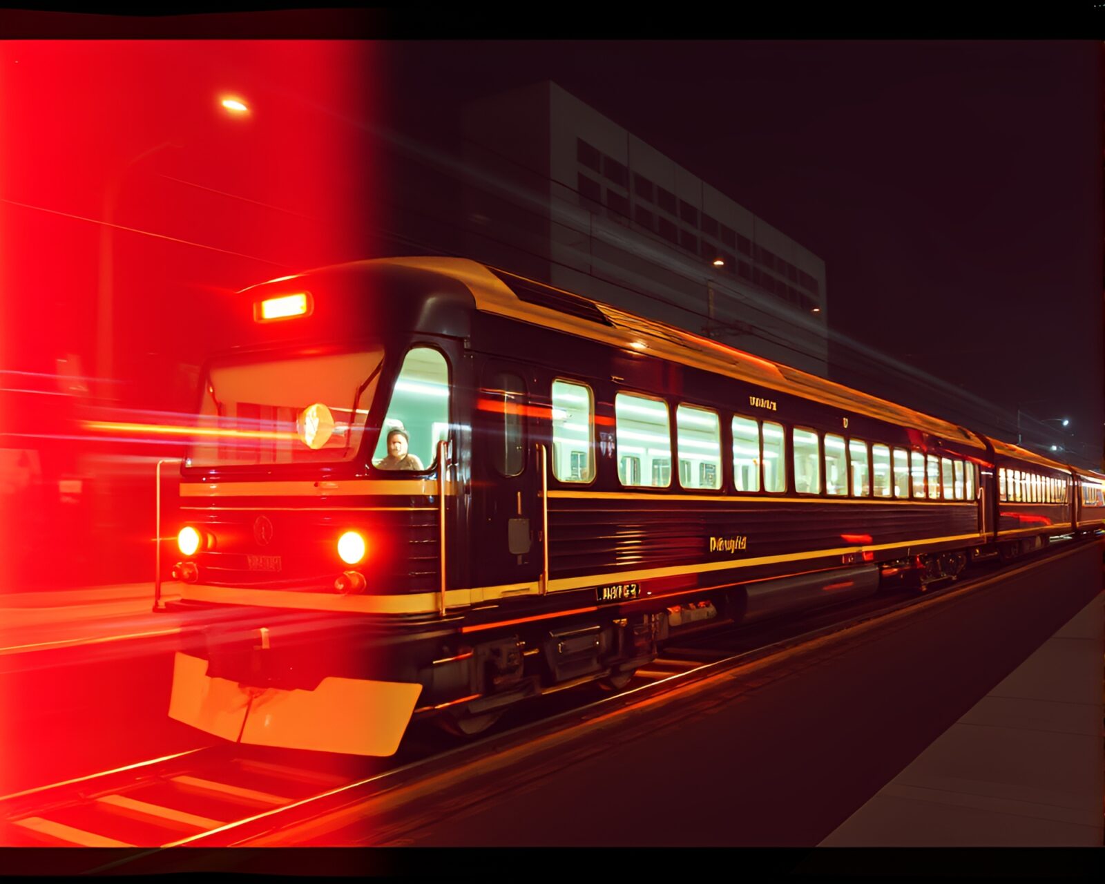 Glowing holographic train in a vintage film setting