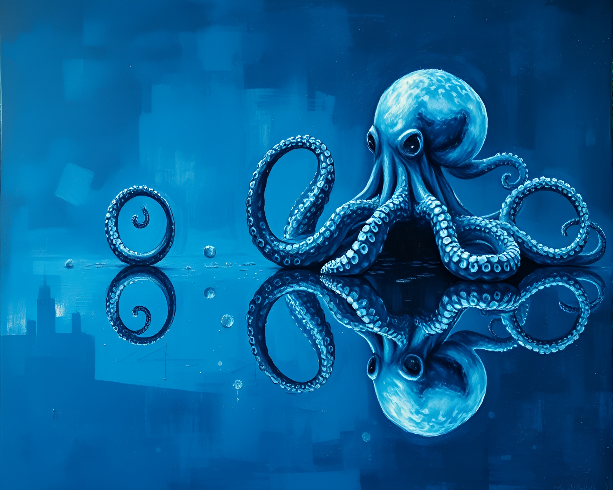 Mesmerizing Double Octopus Reflection in Blue Palette Knife Painting – free AI stock image