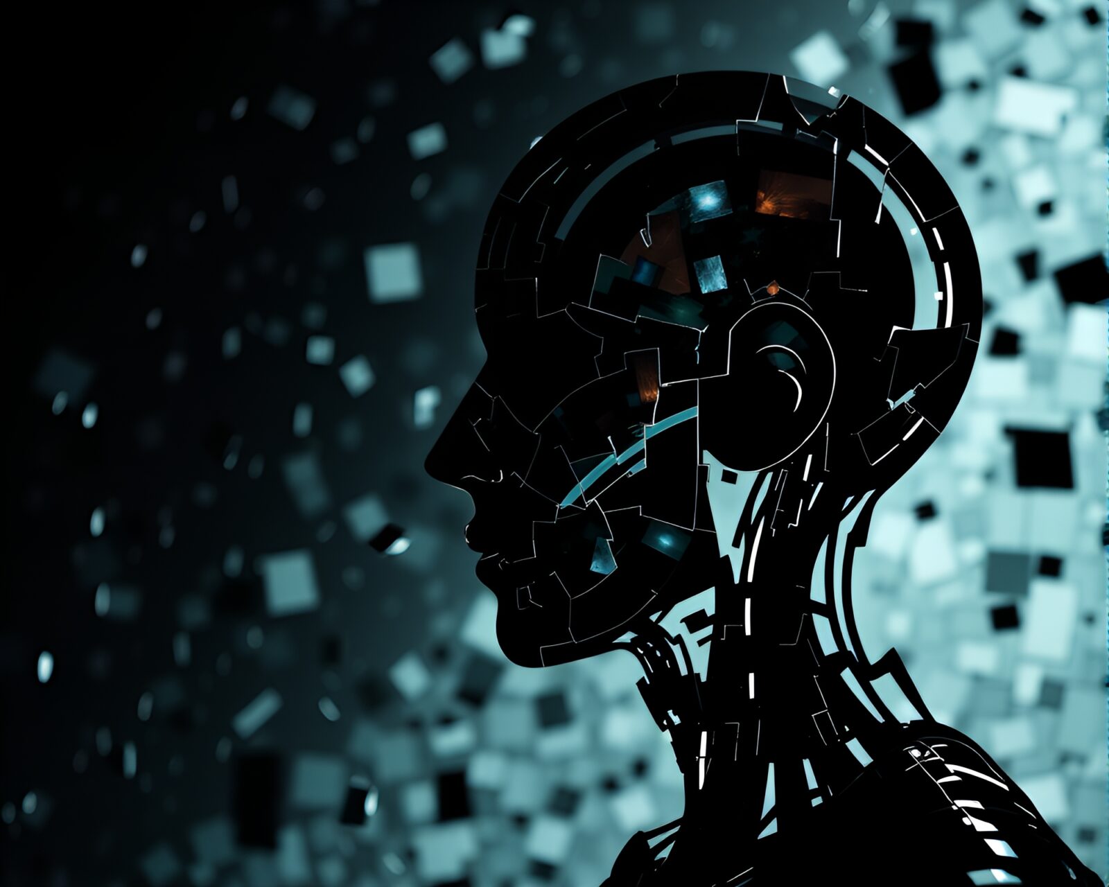 Backlit silhouette of a cyborg in broken mosaic setting