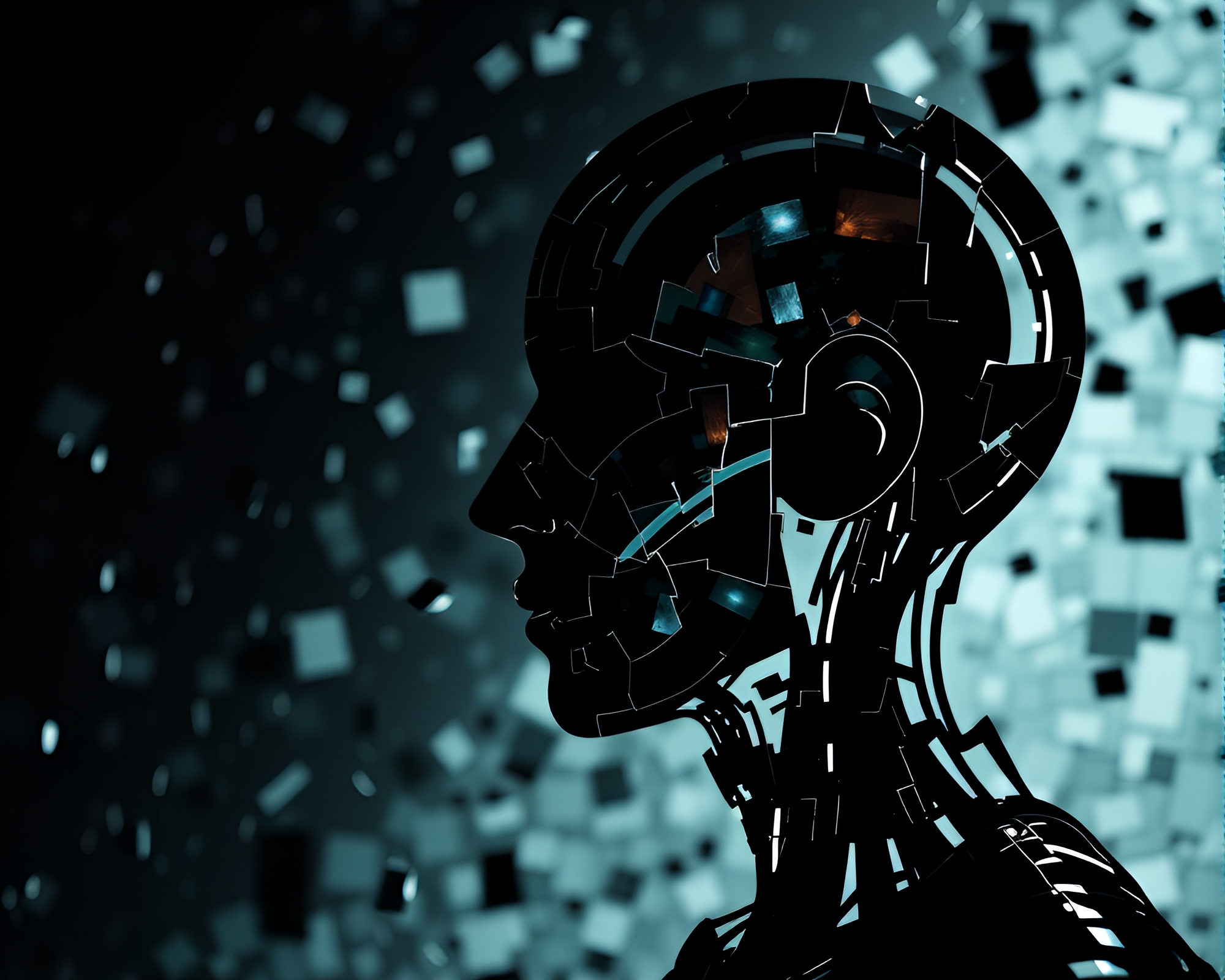 Cyborg silhouette amidst shattered mosaic under backlighting – free AI stock image