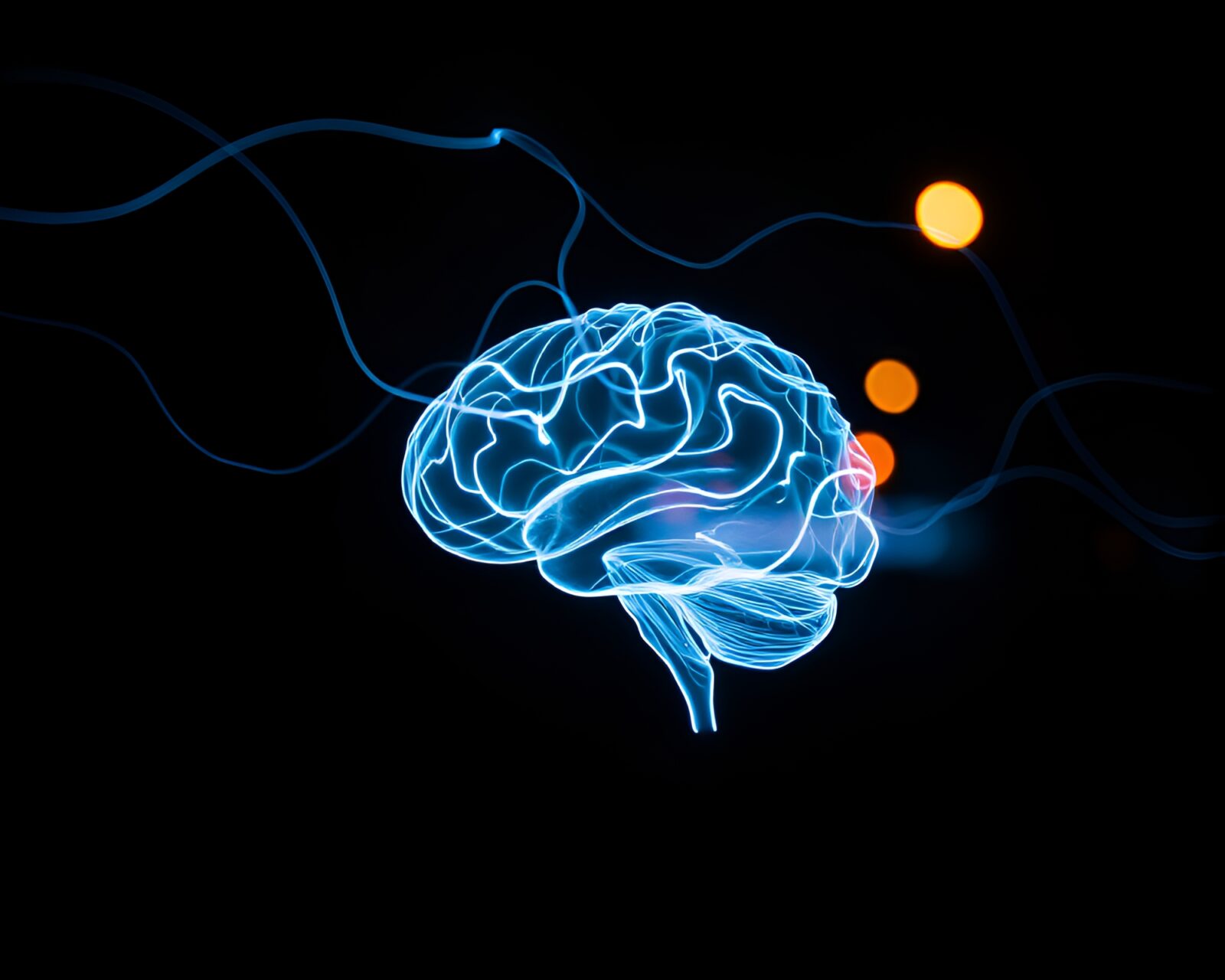 Futuristic AI brain surrounded by glowing light trails