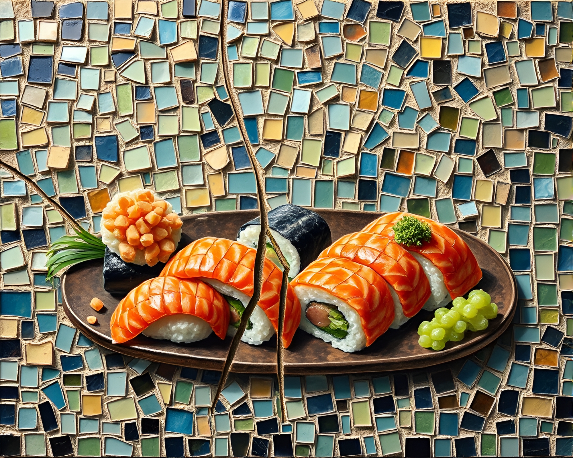 Broken Mosaic Sushi Platter with Retro Scanlines – free AI stock image