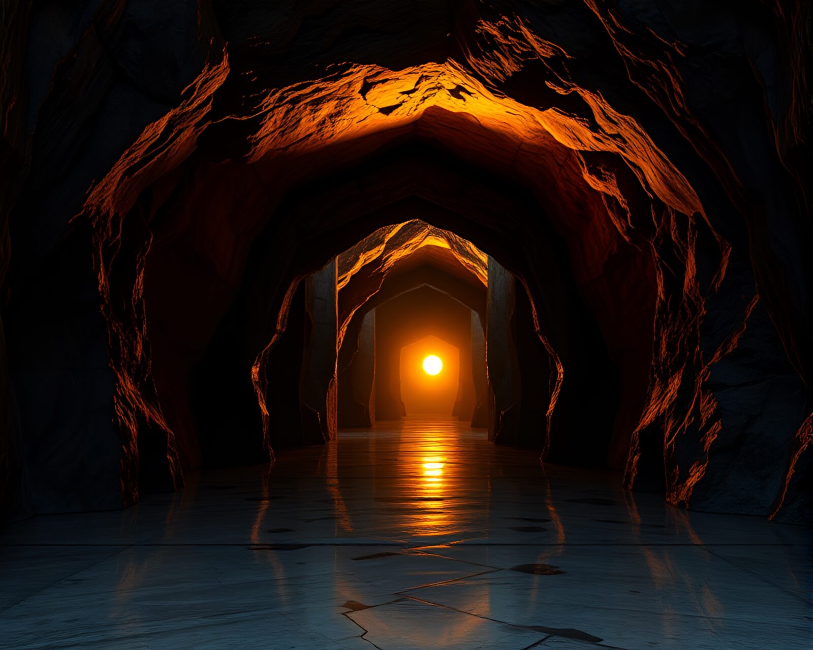 Dark cave with intricate golden mirror maze reflecting light