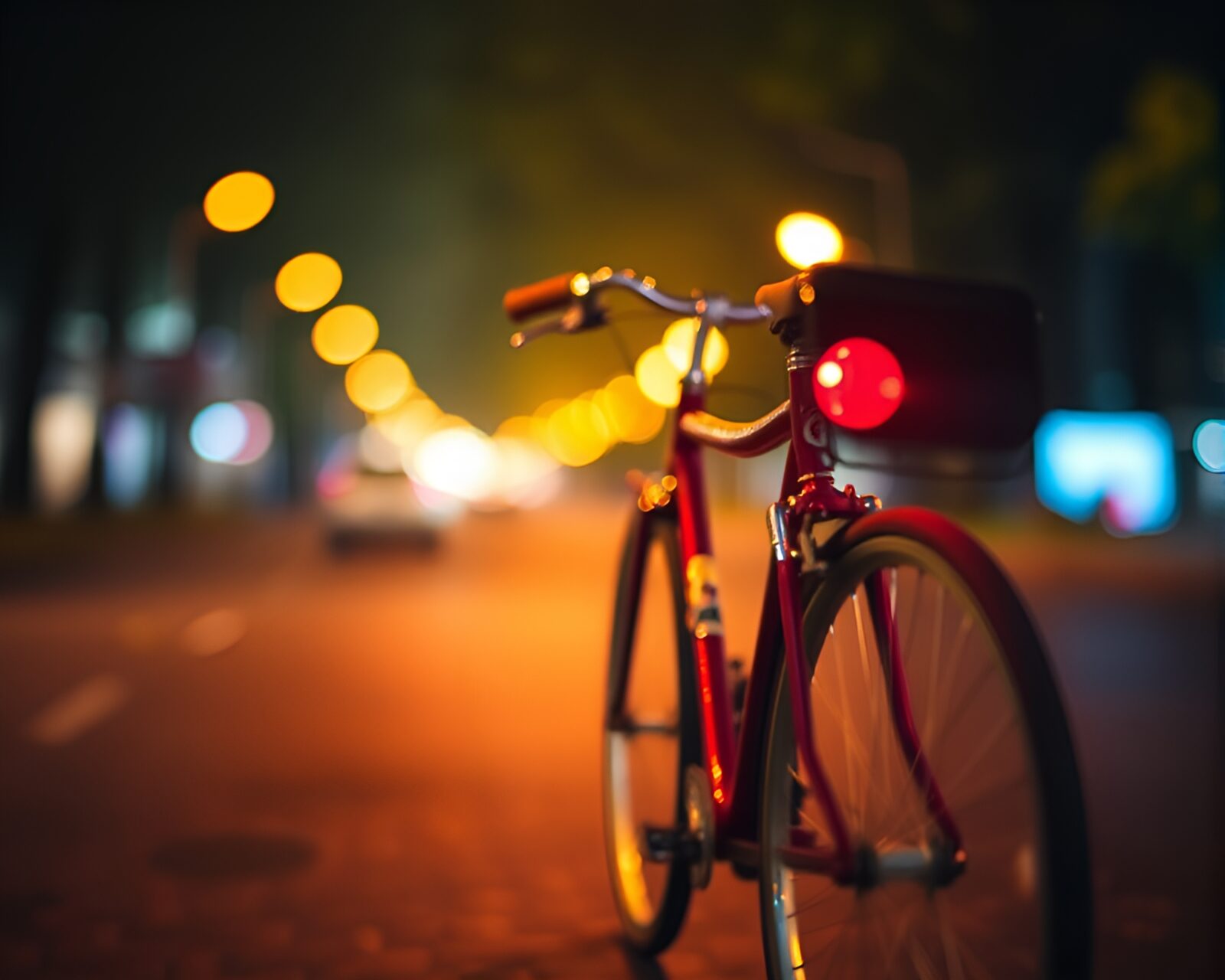 A magical bicycle glows in a forest of bokeh