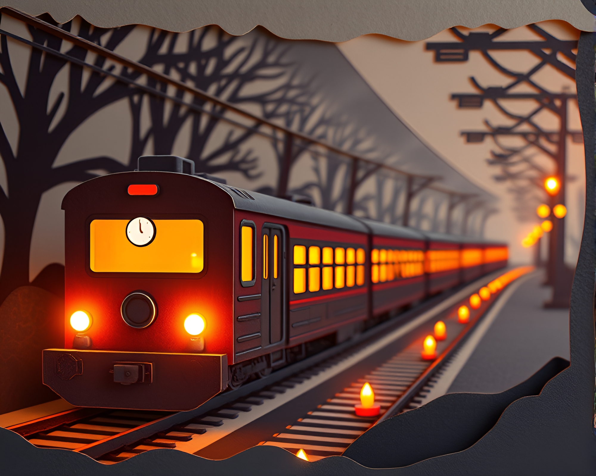 Candlelit Train Ride in Papercut Style Texture Overlay – free AI stock image