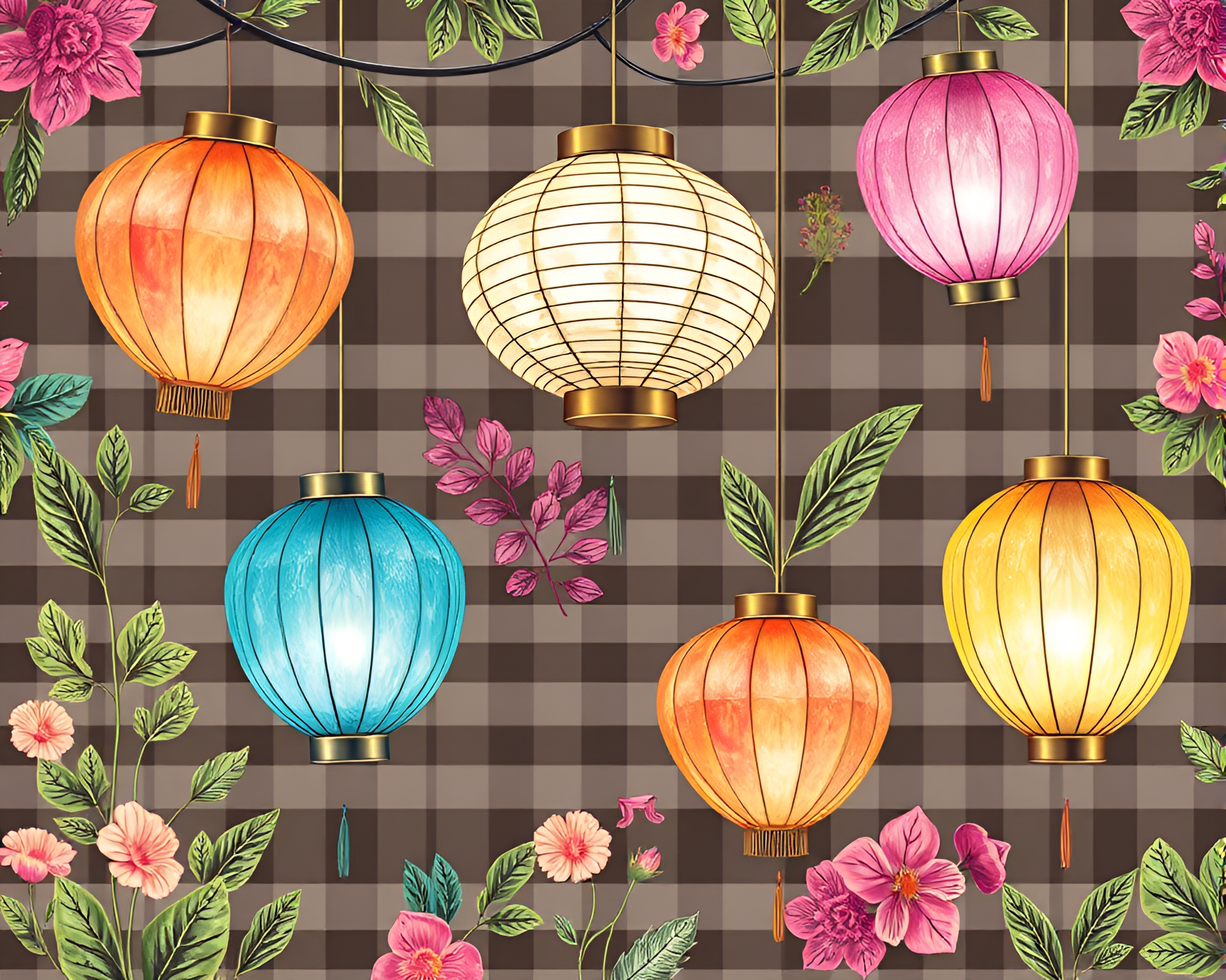 Striped Botanical Paper Lanterns in Pastel Neon Glow – free AI stock image