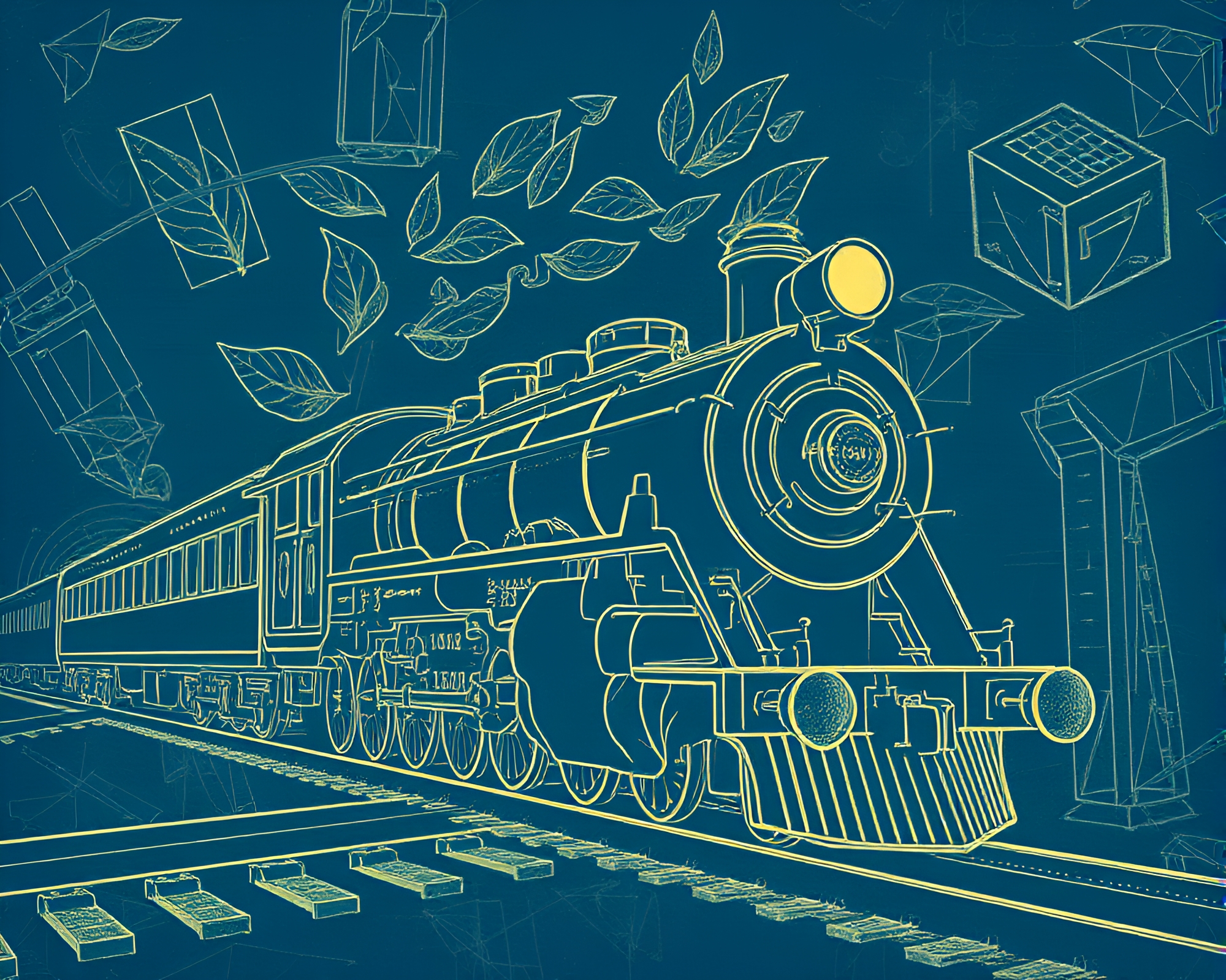 Vintage Steam Locomotive Blueprint with Leaf Vein Pattern – free AI stock image