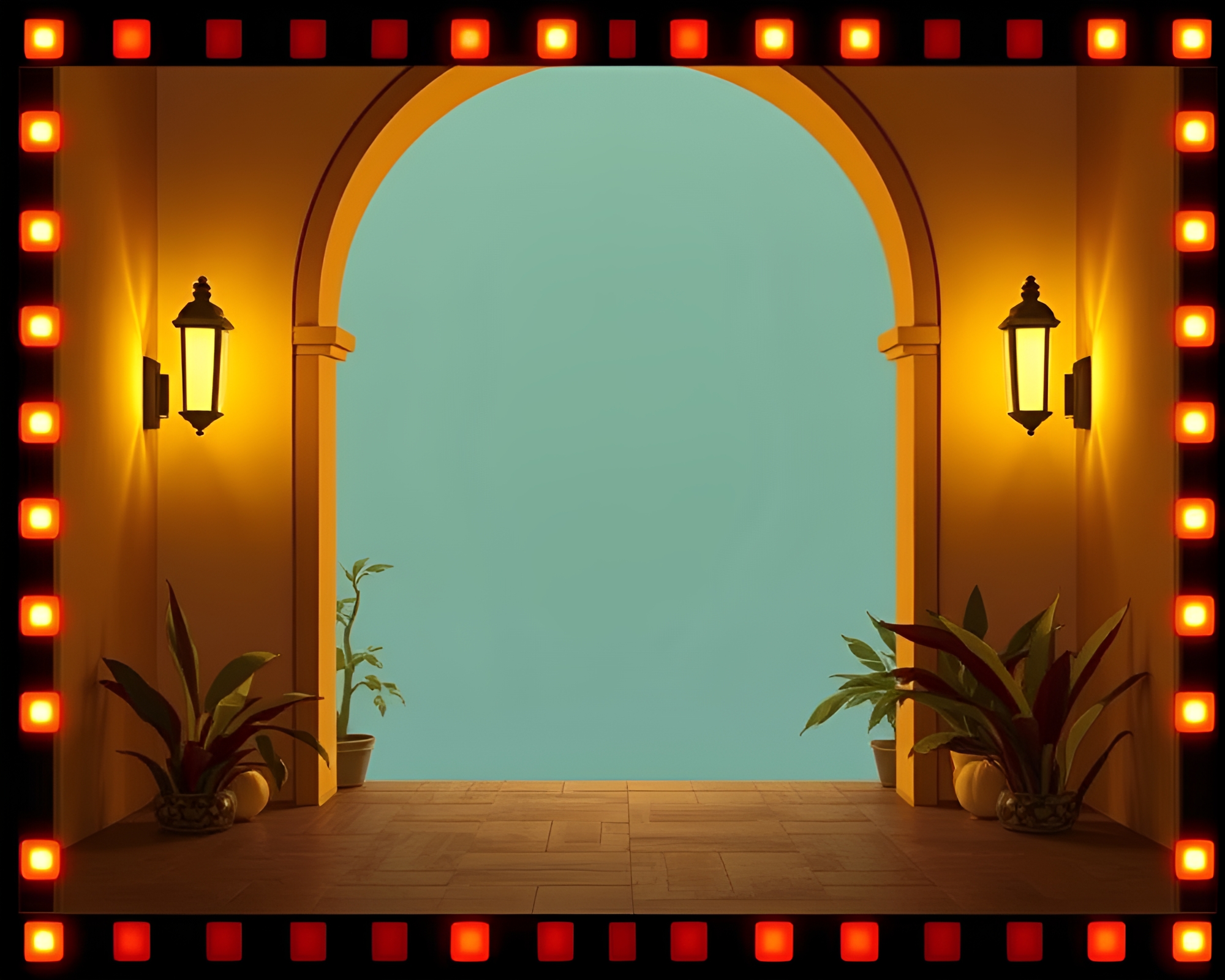 Architectural Frame Surrounding Warmly Lit Fruit Tart Display – free AI stock image