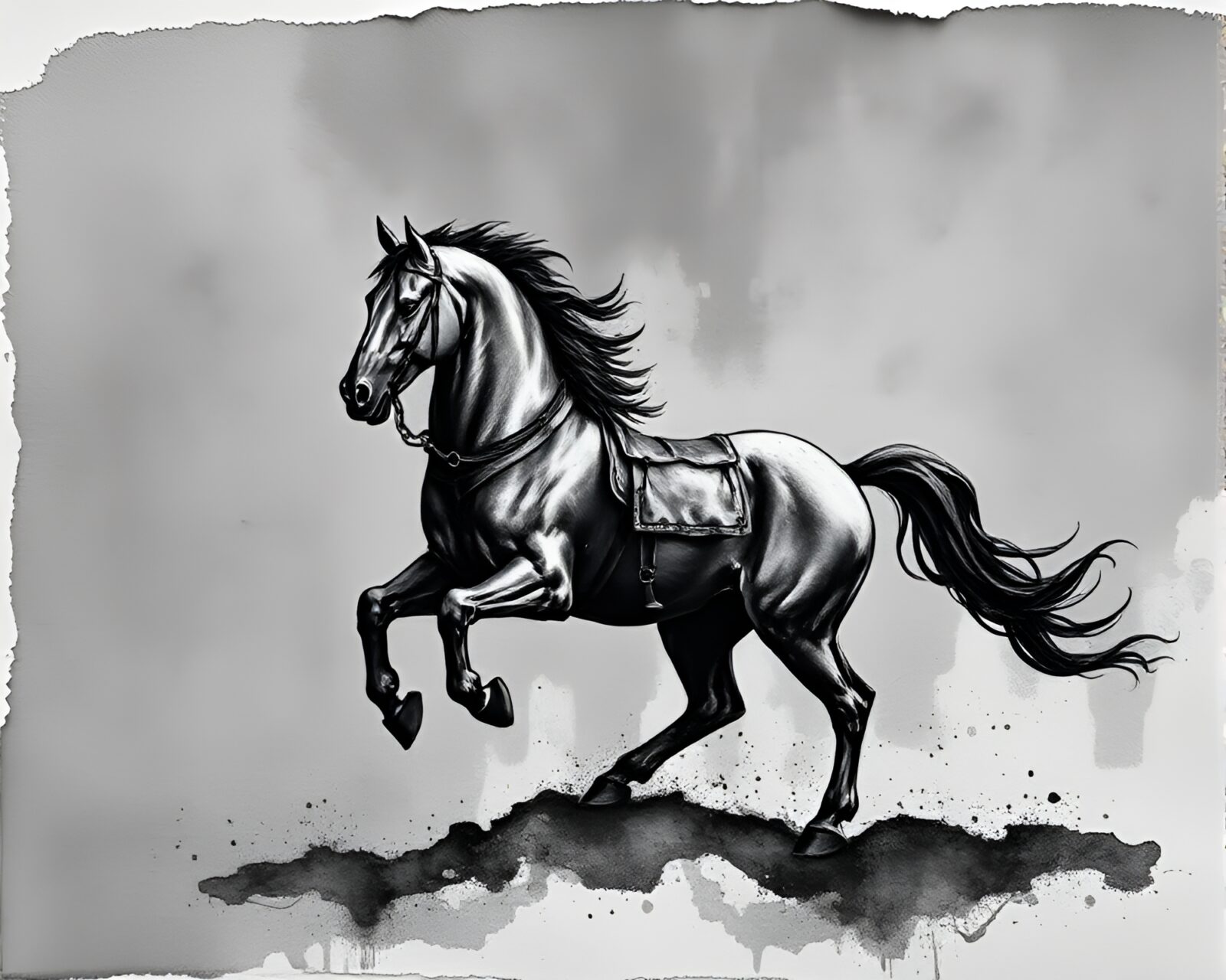 Mythical centaur in dramatic torn-edge ink wash style