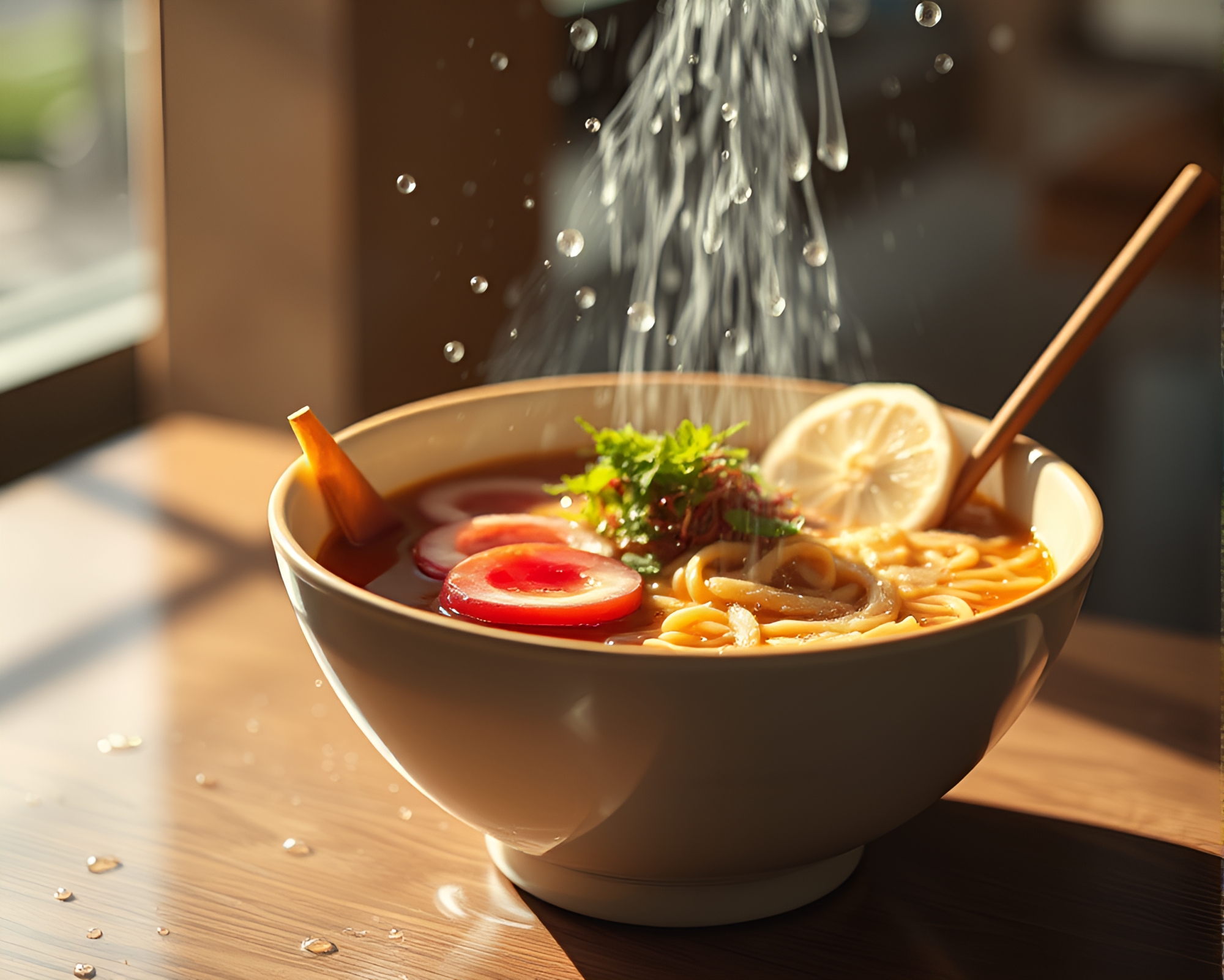 Ramen Bowl with Water Droplets Editorial Illustration – free AI stock image