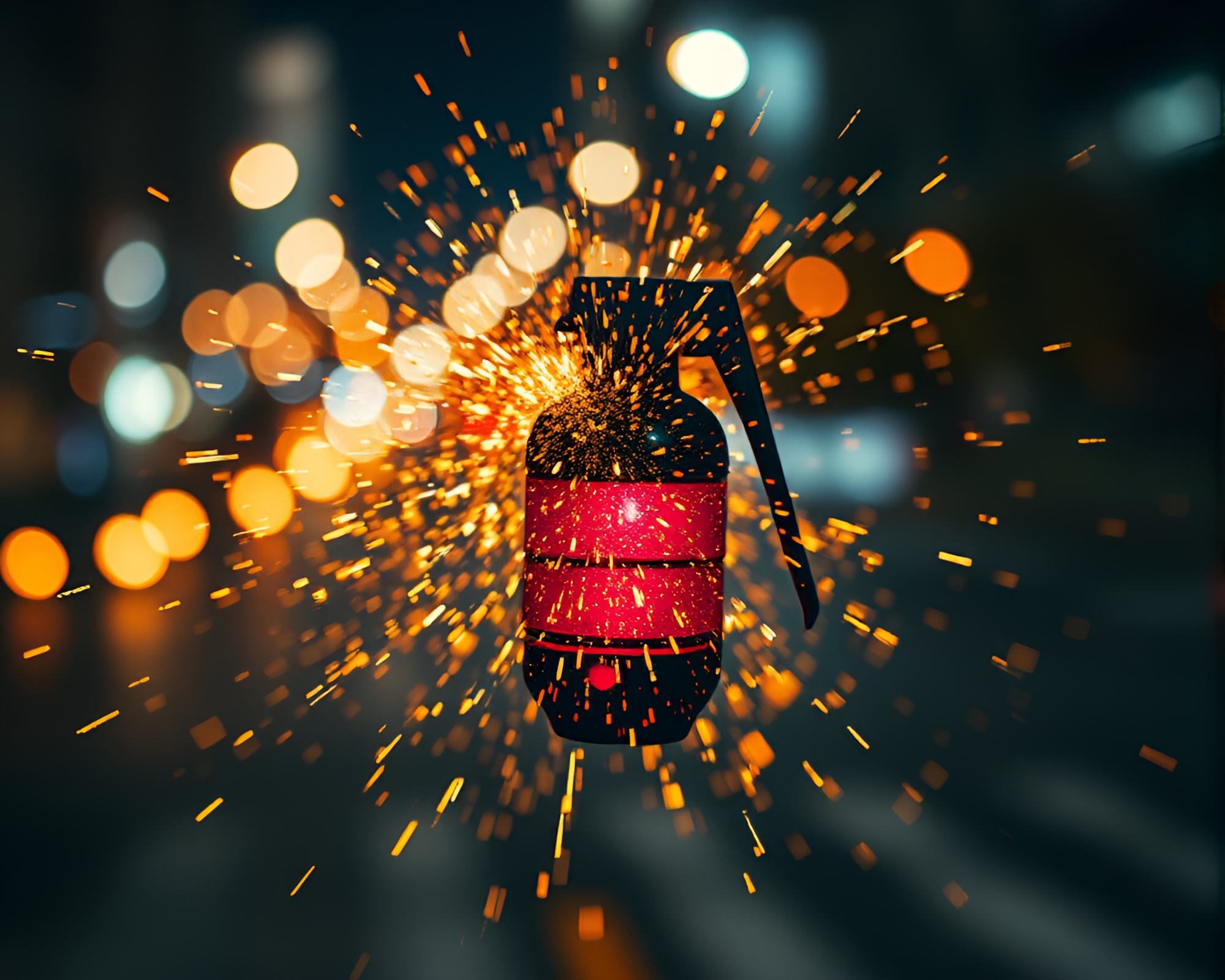 Glistening Antimatter Grenade Illuminated by City Lights – free AI stock image