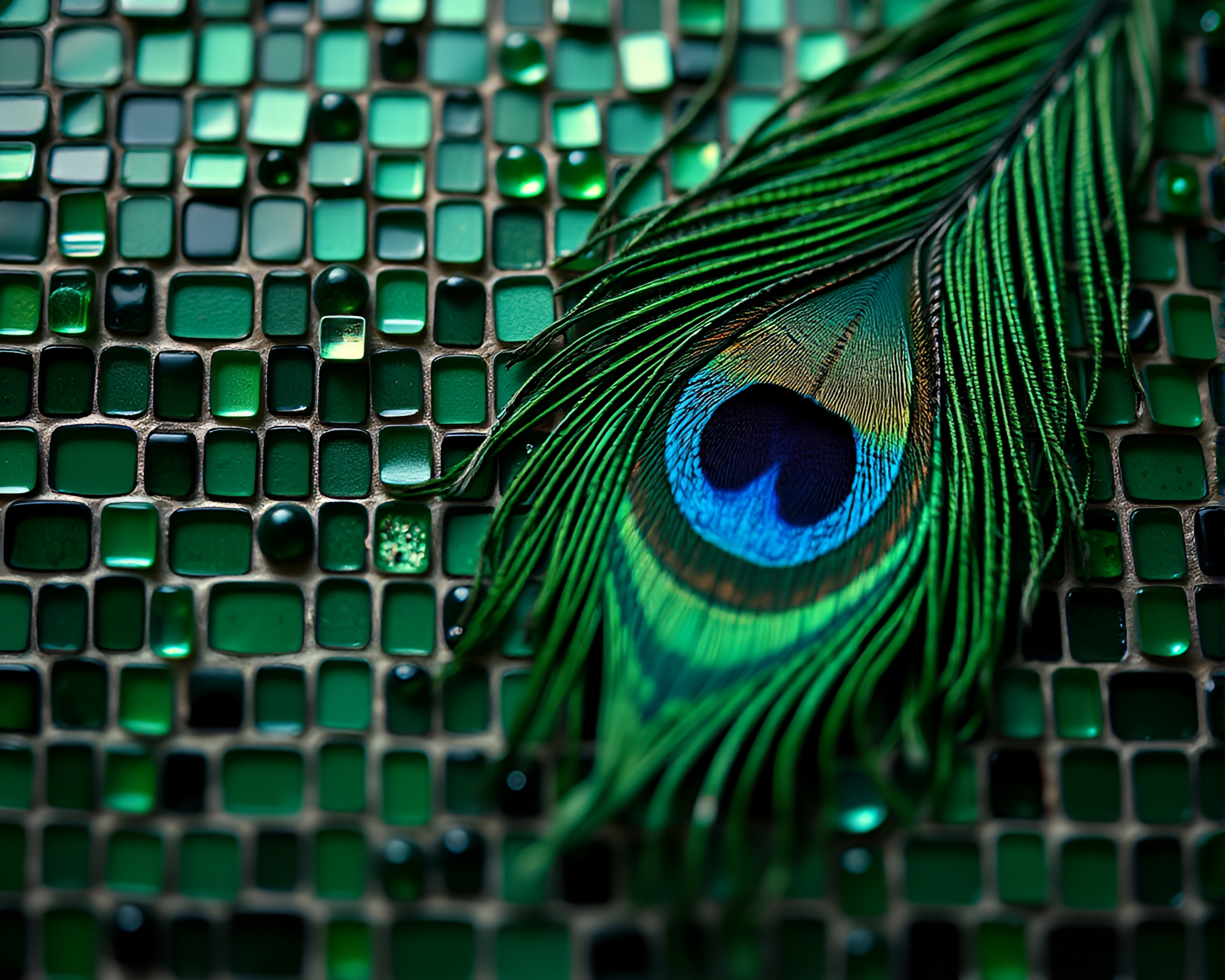 Peacock Feather Mosaic Tiling in Forest-Green Elegance – free AI stock image