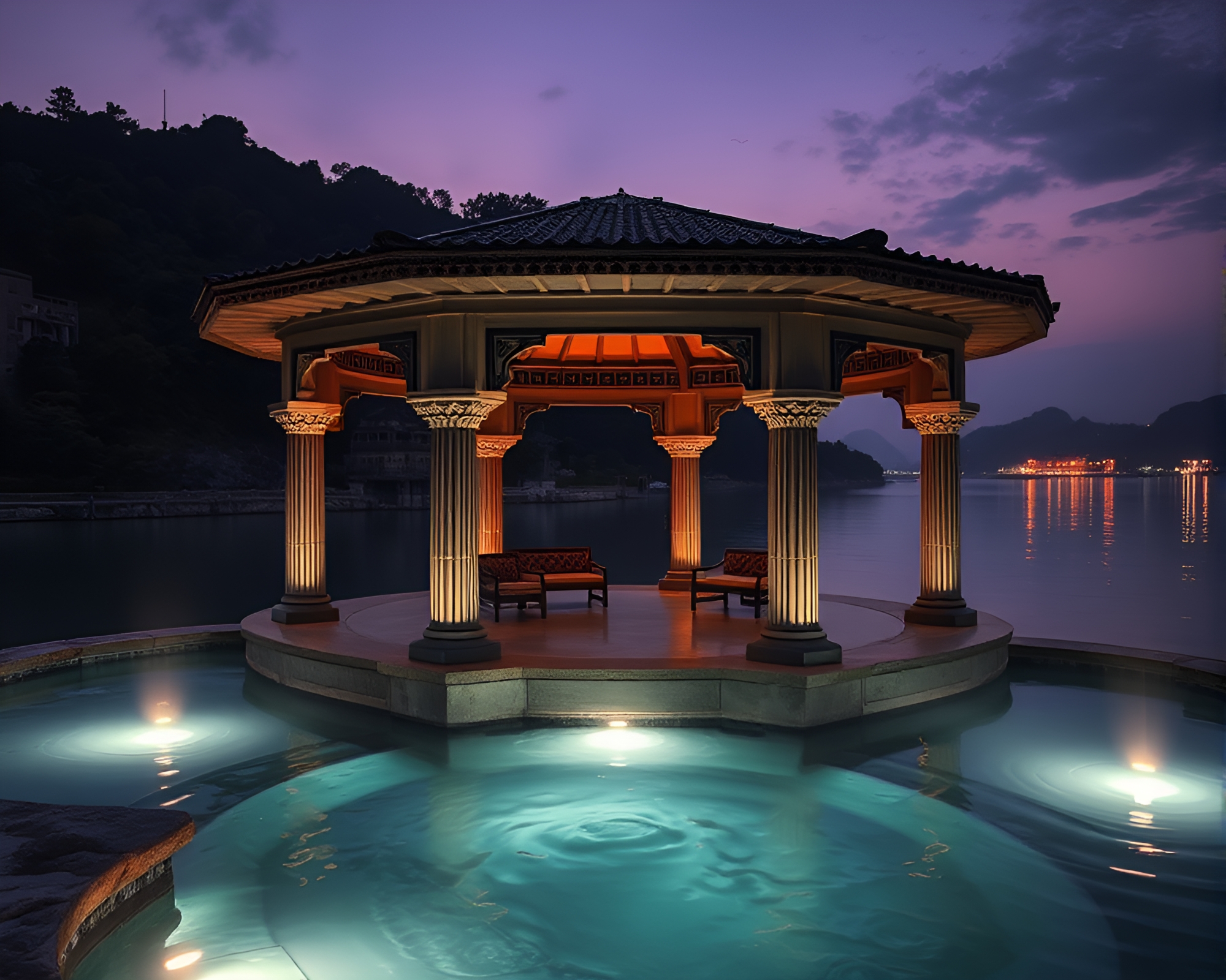 Whirlpool Pavilion in Theatrical Grisaille Lighting – free AI stock image