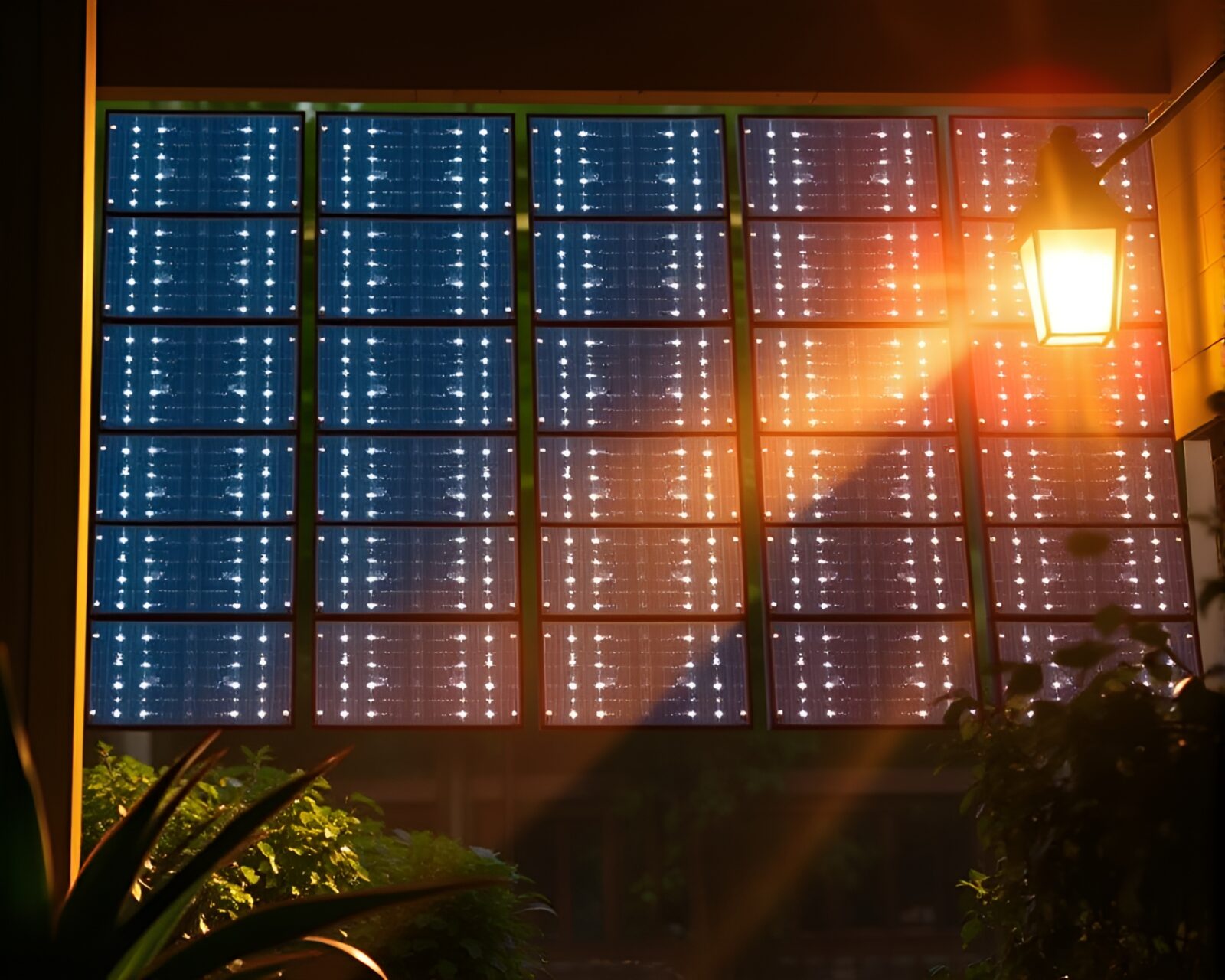 Medium shot of dynamic solar panel array in warm porchlight